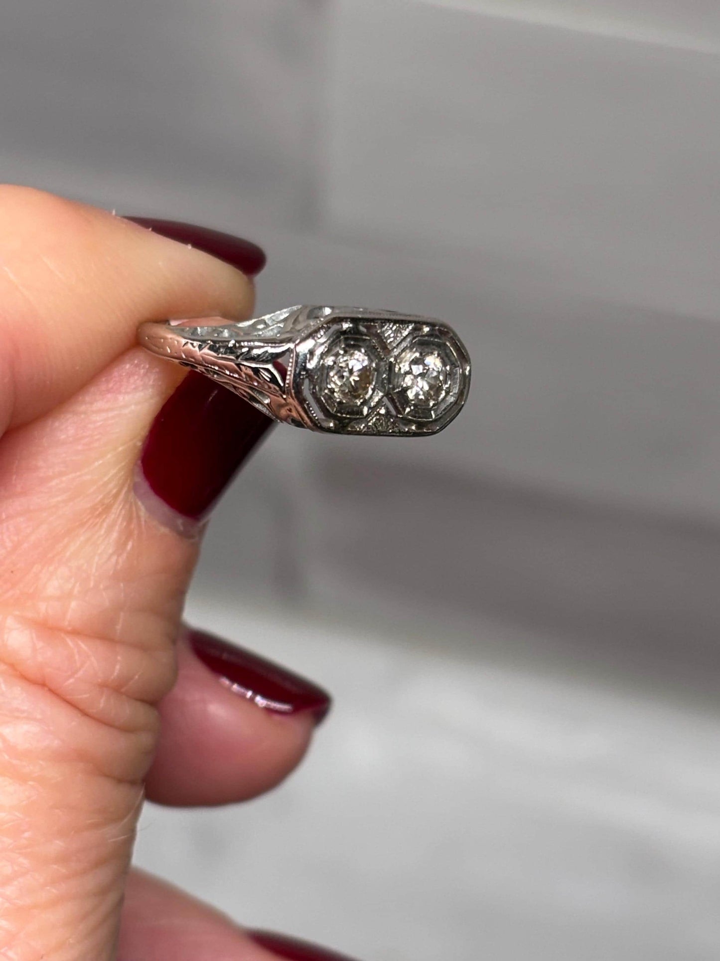Vintage 14k White Gold Double Diamond Ring – Milgrain Octagon Setting Size 6 1/2