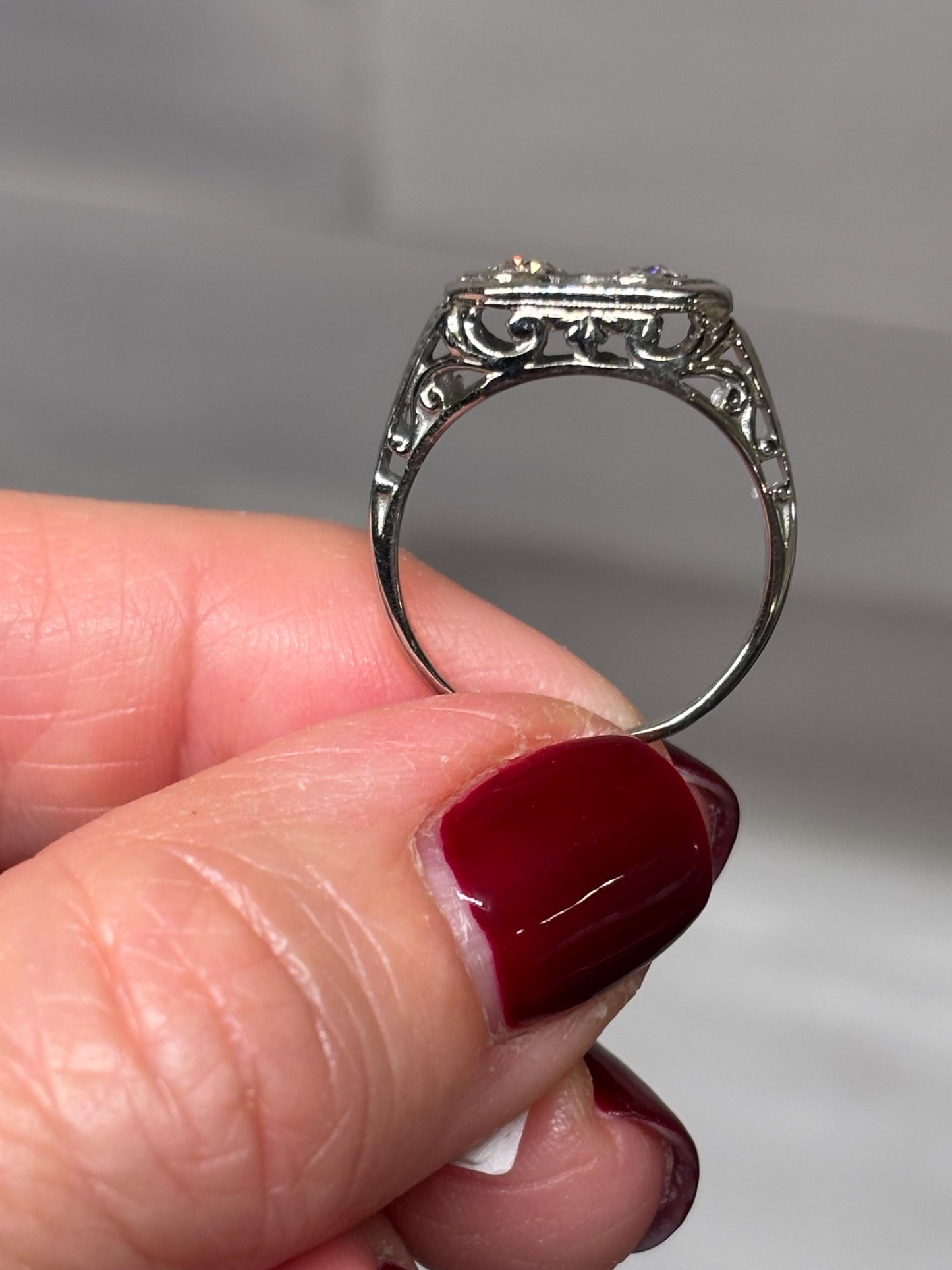 Vintage 14k White Gold Double Diamond Ring – Milgrain Octagon Setting Size 6 1/2