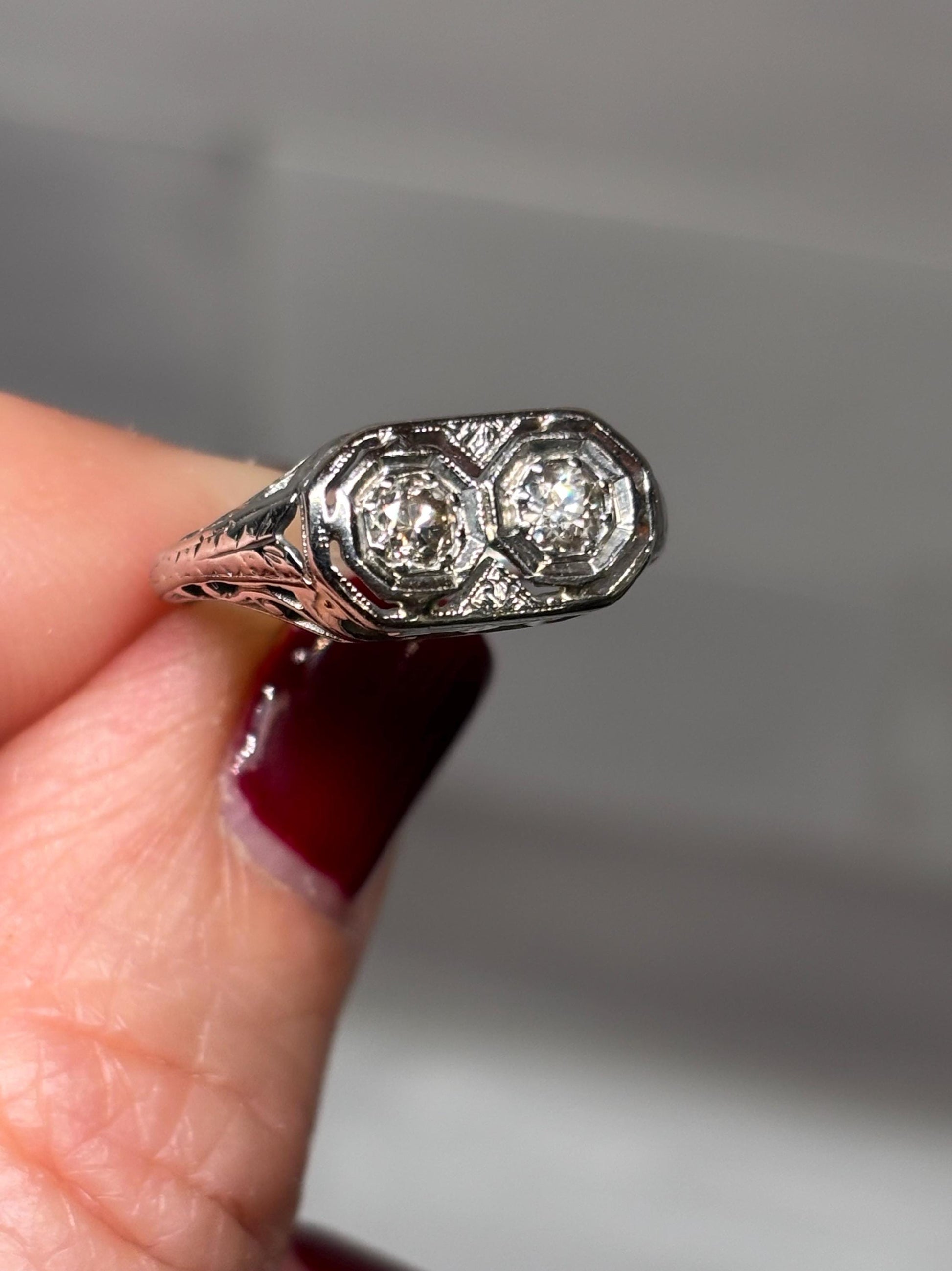 Vintage 14k White Gold Double Diamond Ring – Milgrain Octagon Setting Size 6 1/2