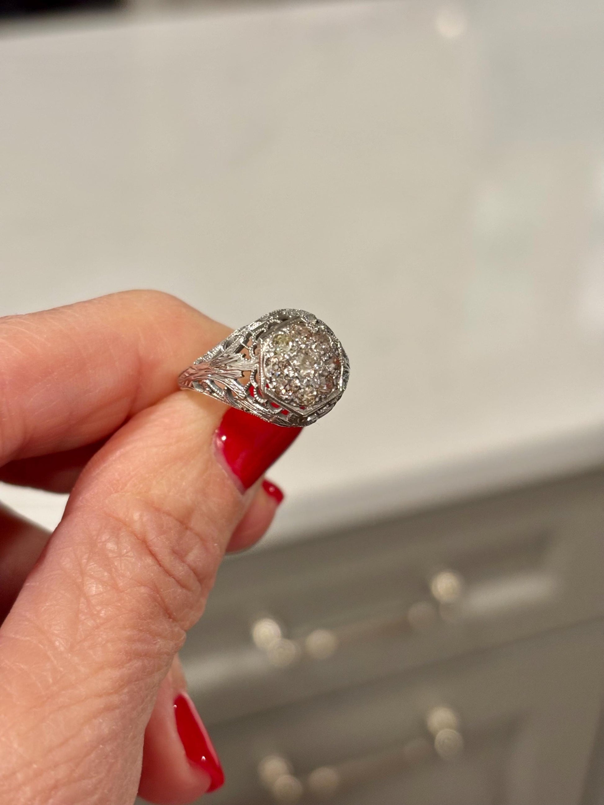 Vintage 18k White Gold Diamond Cluster Ring | Filigree Bow, Antique Engagement