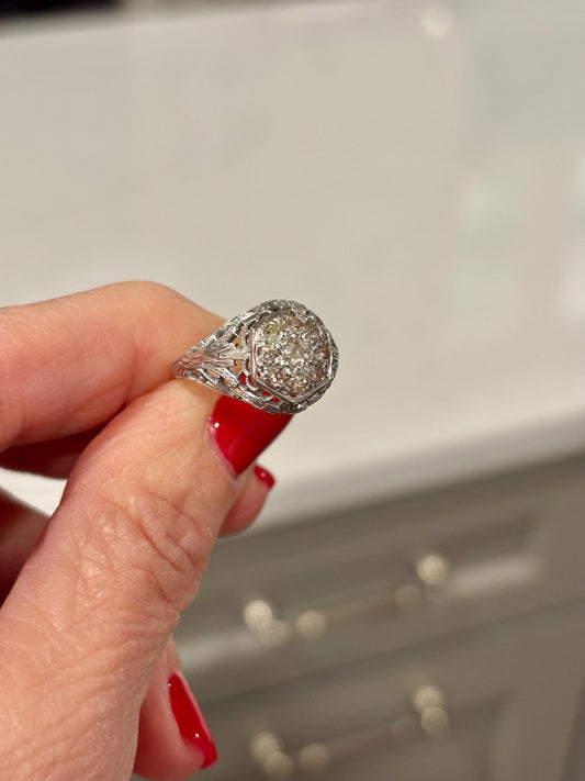 Vintage 18k White Gold Diamond Cluster Ring | Filigree Bow, Antique Engagement