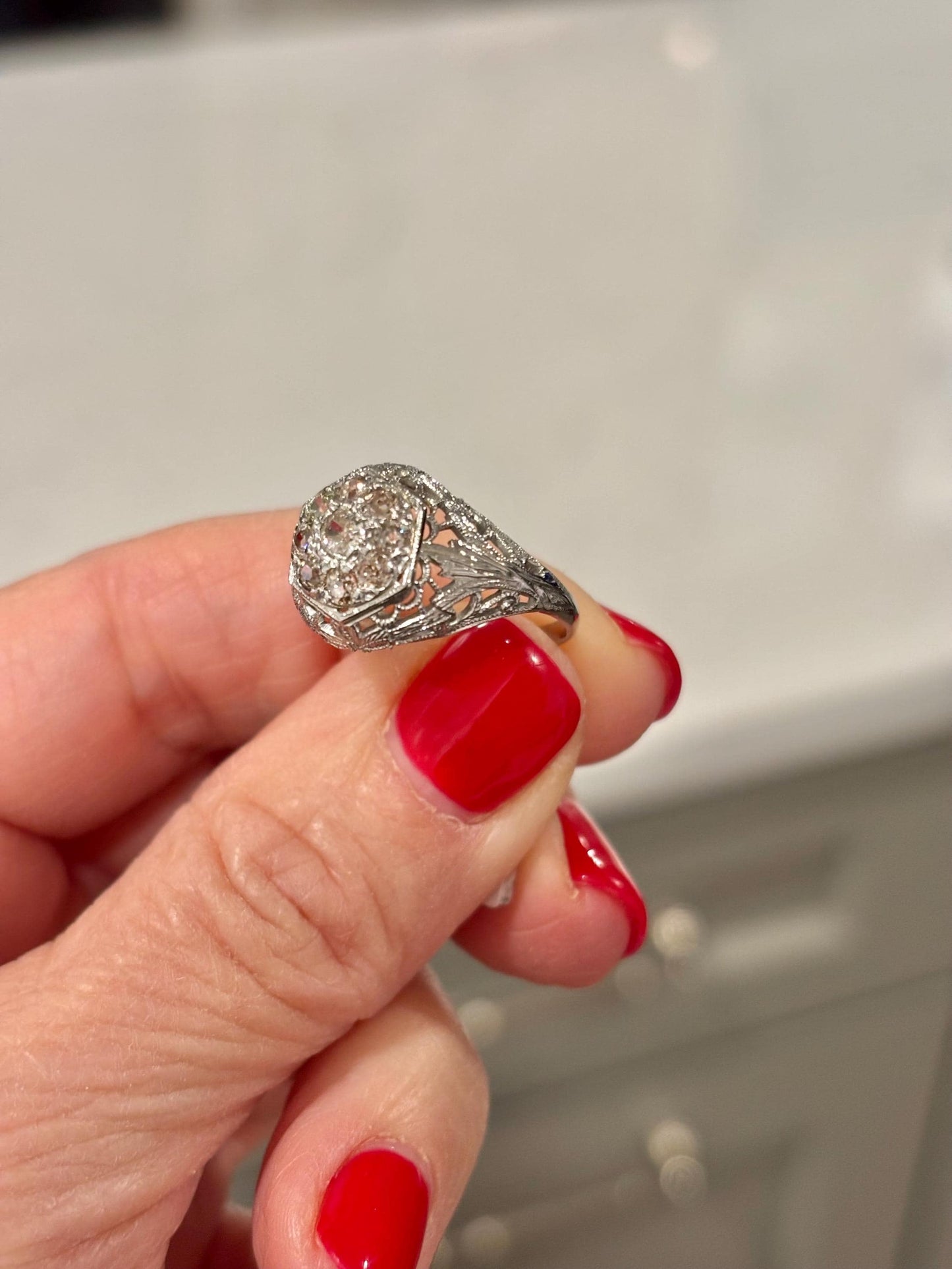 Vintage 18k White Gold Diamond Cluster Ring | Filigree Bow, Antique Engagement