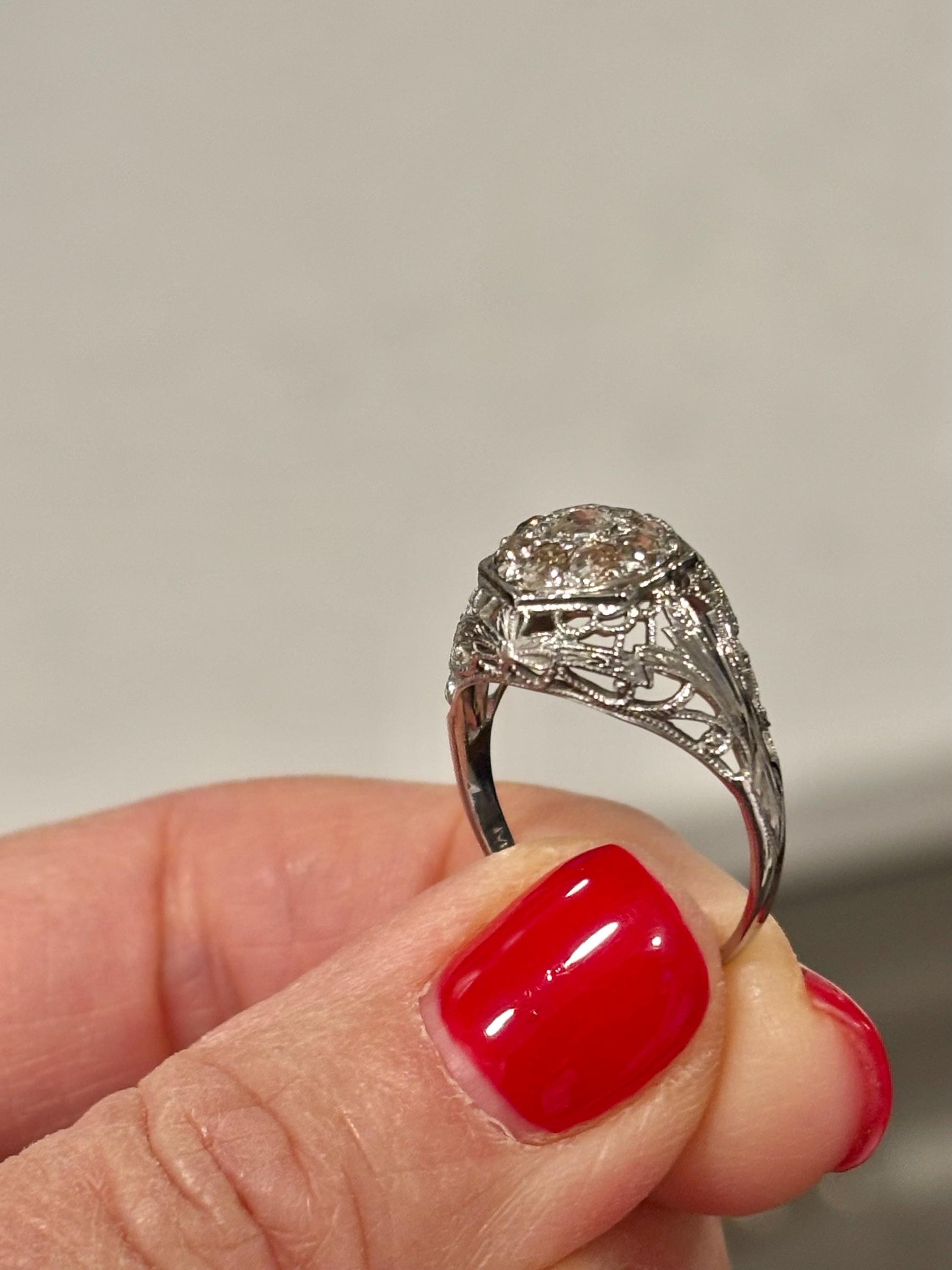 Vintage 18k White Gold Diamond Cluster Ring | Filigree Bow, Antique Engagement