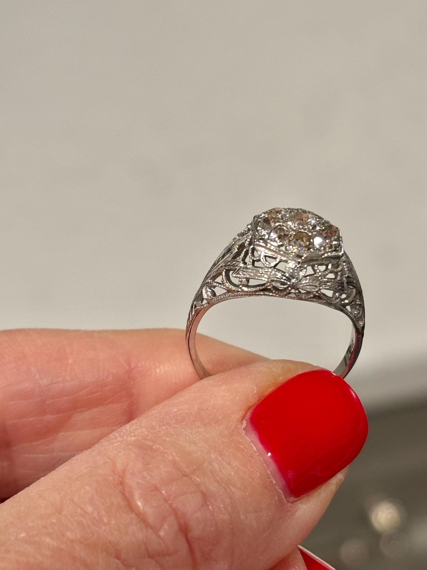 Vintage 18k White Gold Diamond Cluster Ring | Filigree Bow, Antique Engagement