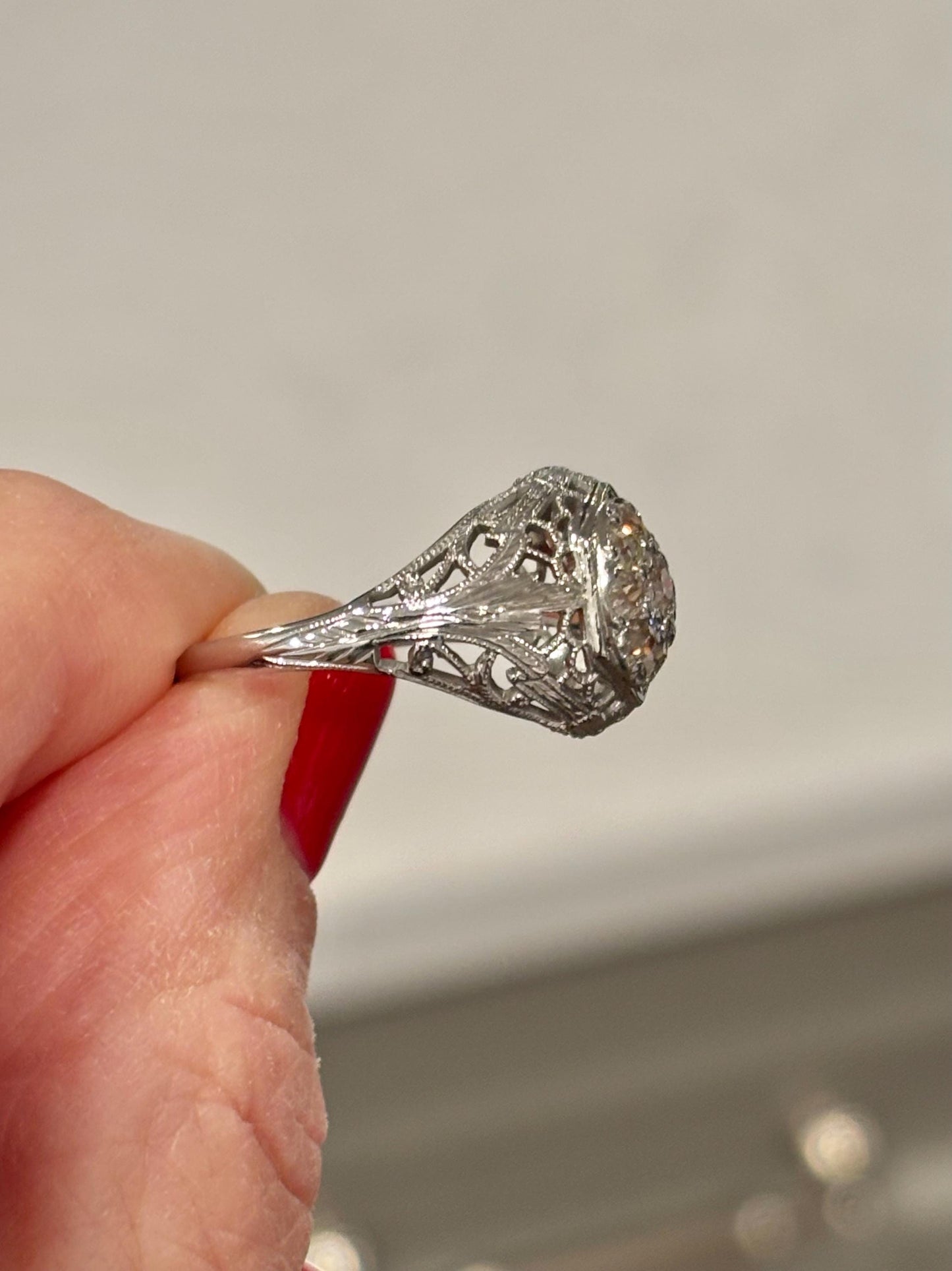 Vintage 18k White Gold Diamond Cluster Ring | Filigree Bow, Antique Engagement