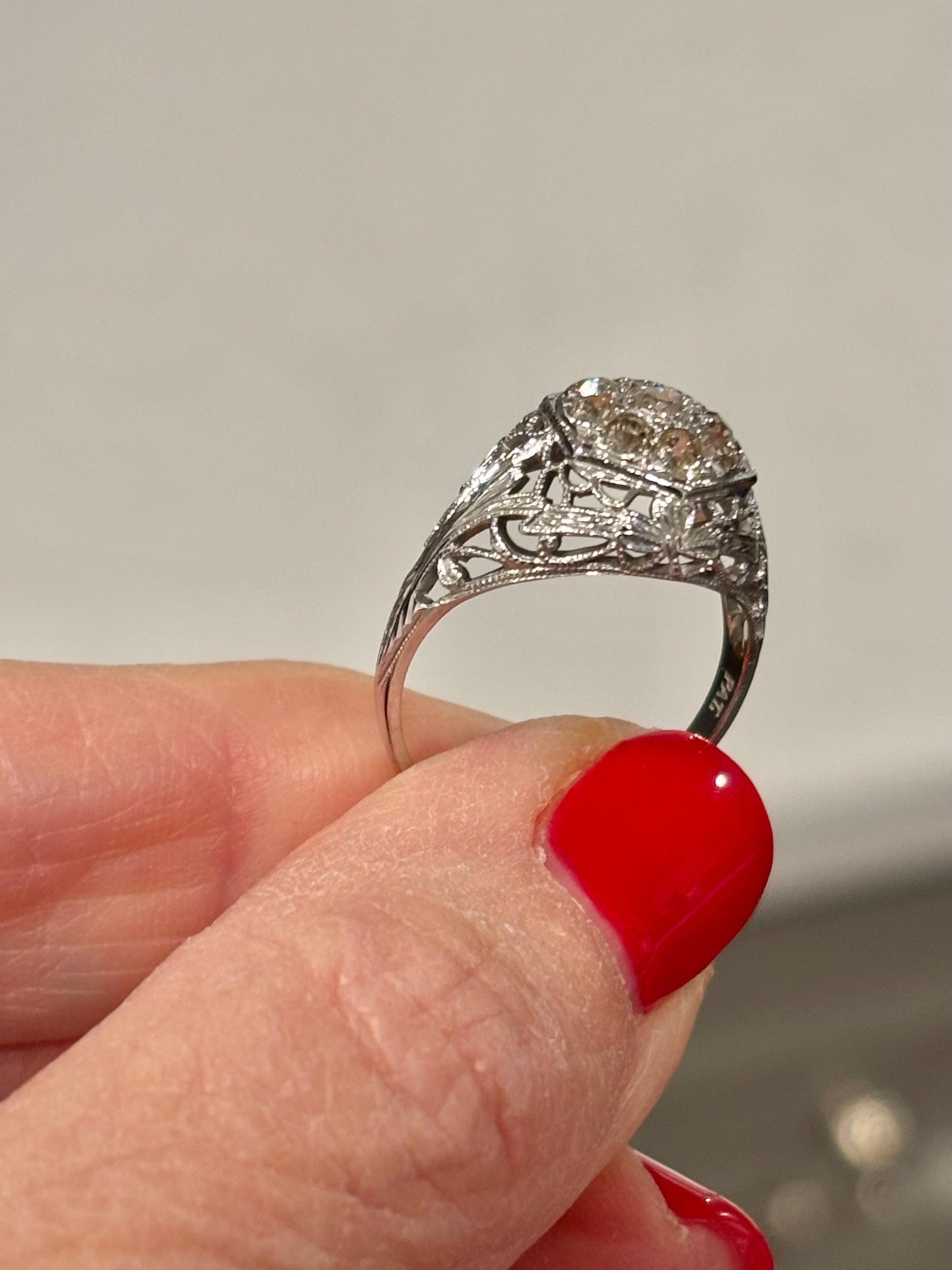 Vintage 18k White Gold Diamond Cluster Ring | Filigree Bow, Antique Engagement