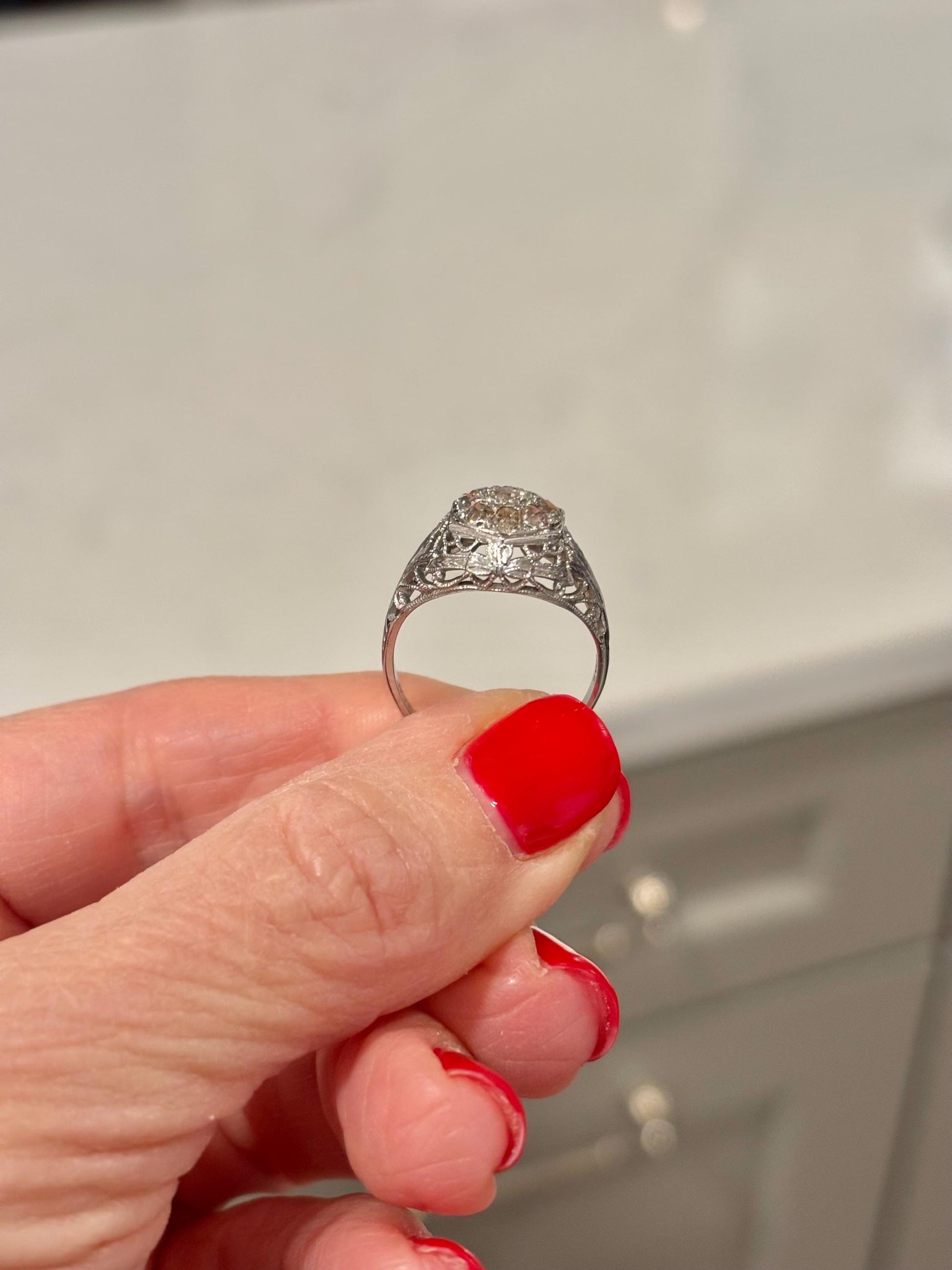 Vintage 18k White Gold Diamond Cluster Ring | Filigree Bow, Antique Engagement