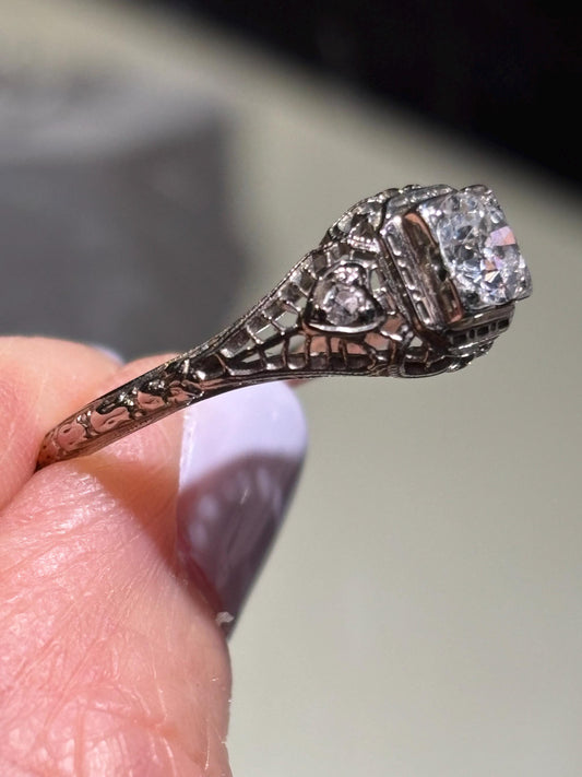 Vintage 1930’s  20k  Diamond Filigree Ring, Heart shaped accents