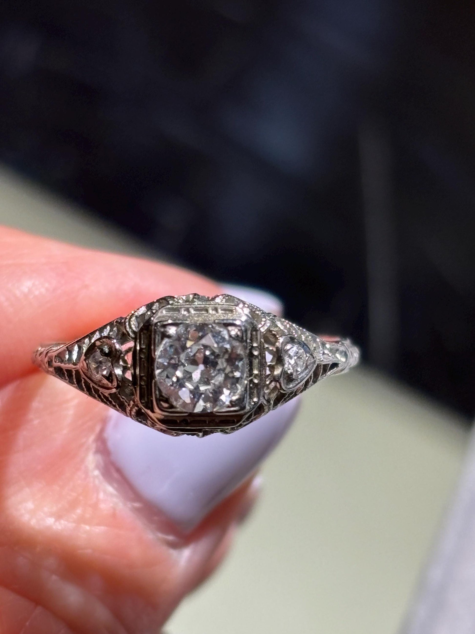Vintage 1930’s  20k  Diamond Filigree Ring, Heart shaped accents