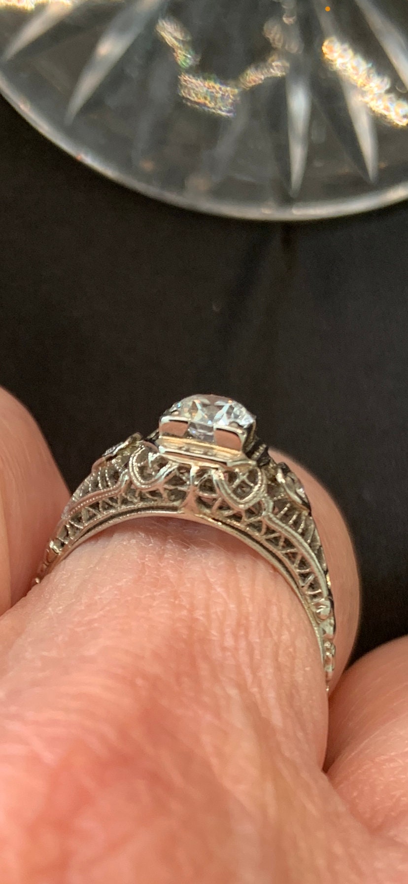 Vintage 1930’s  20k  Diamond Filigree Ring, Heart shaped accents