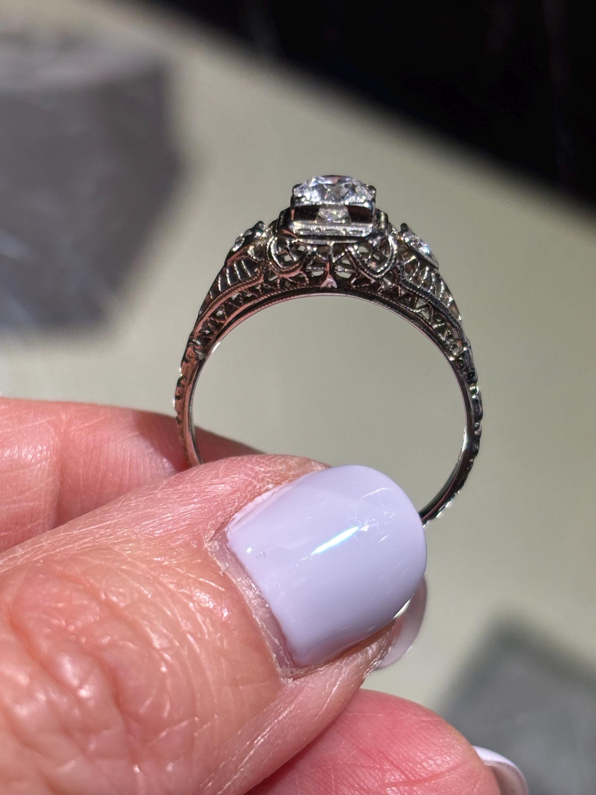 Vintage 1930’s  20k  Diamond Filigree Ring, Heart shaped accents