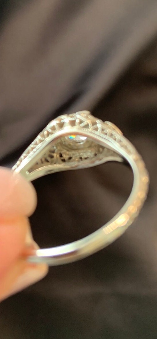 Vintage 1930’s  20k  Diamond Filigree Ring, Heart shaped accents