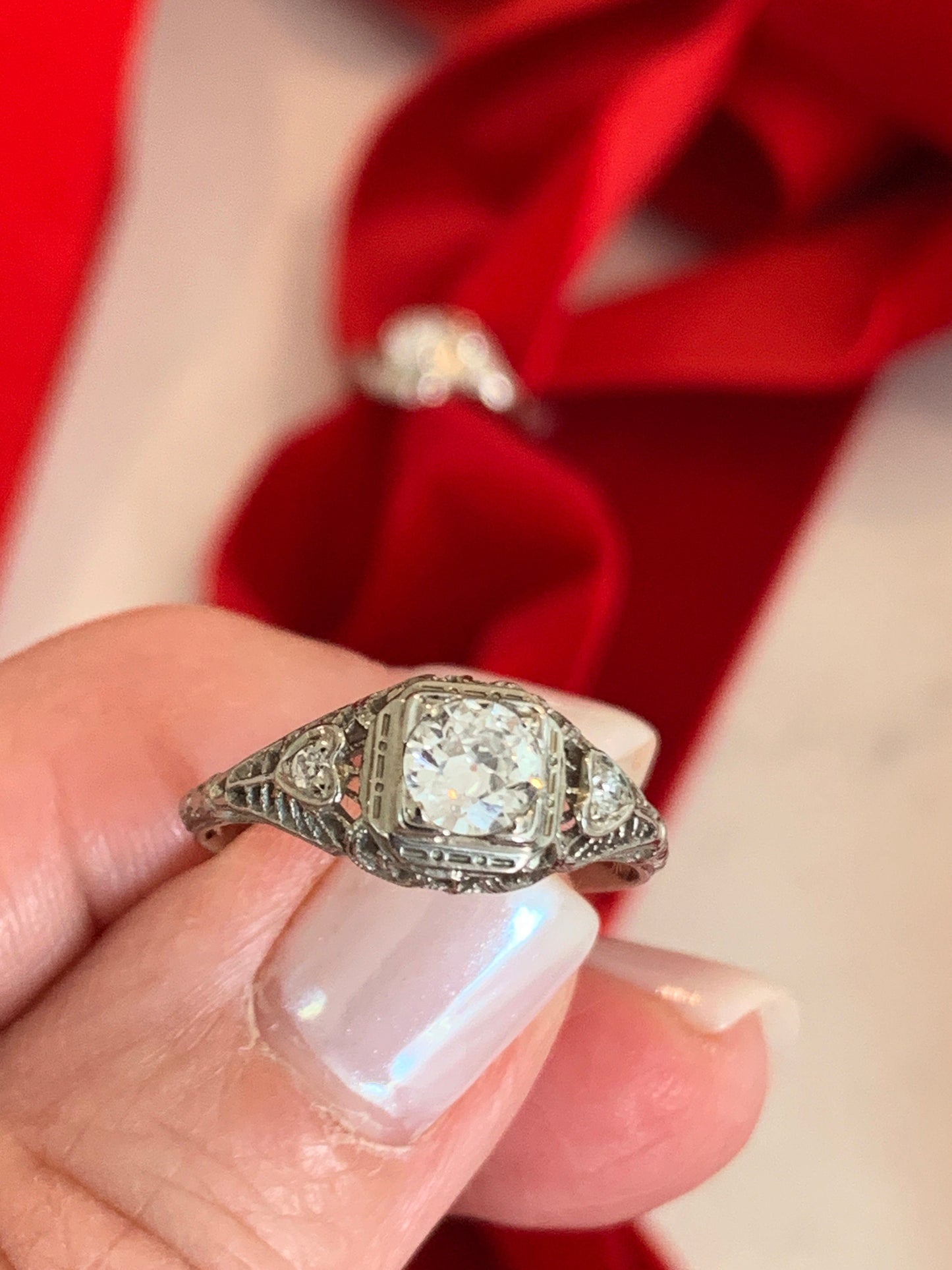 Vintage 1930’s  20k  Diamond Filigree Ring, Heart shaped accents