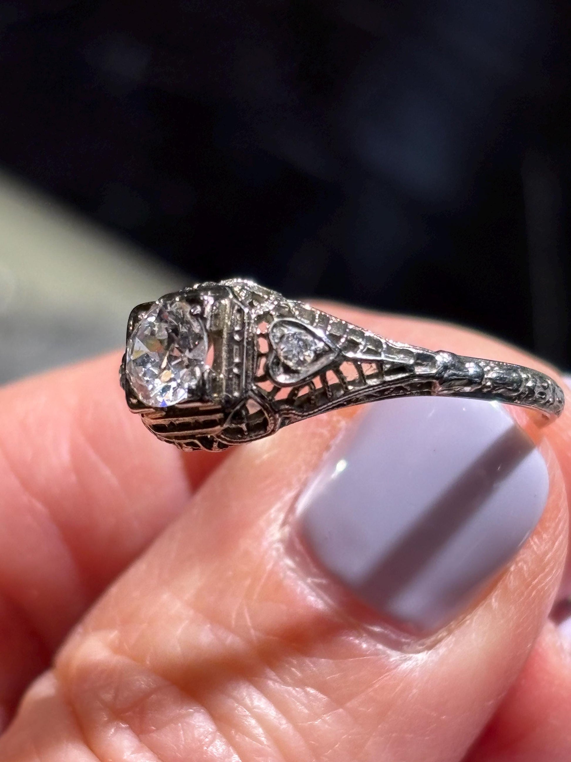 Vintage 1930’s  20k  Diamond Filigree Ring, Heart shaped accents