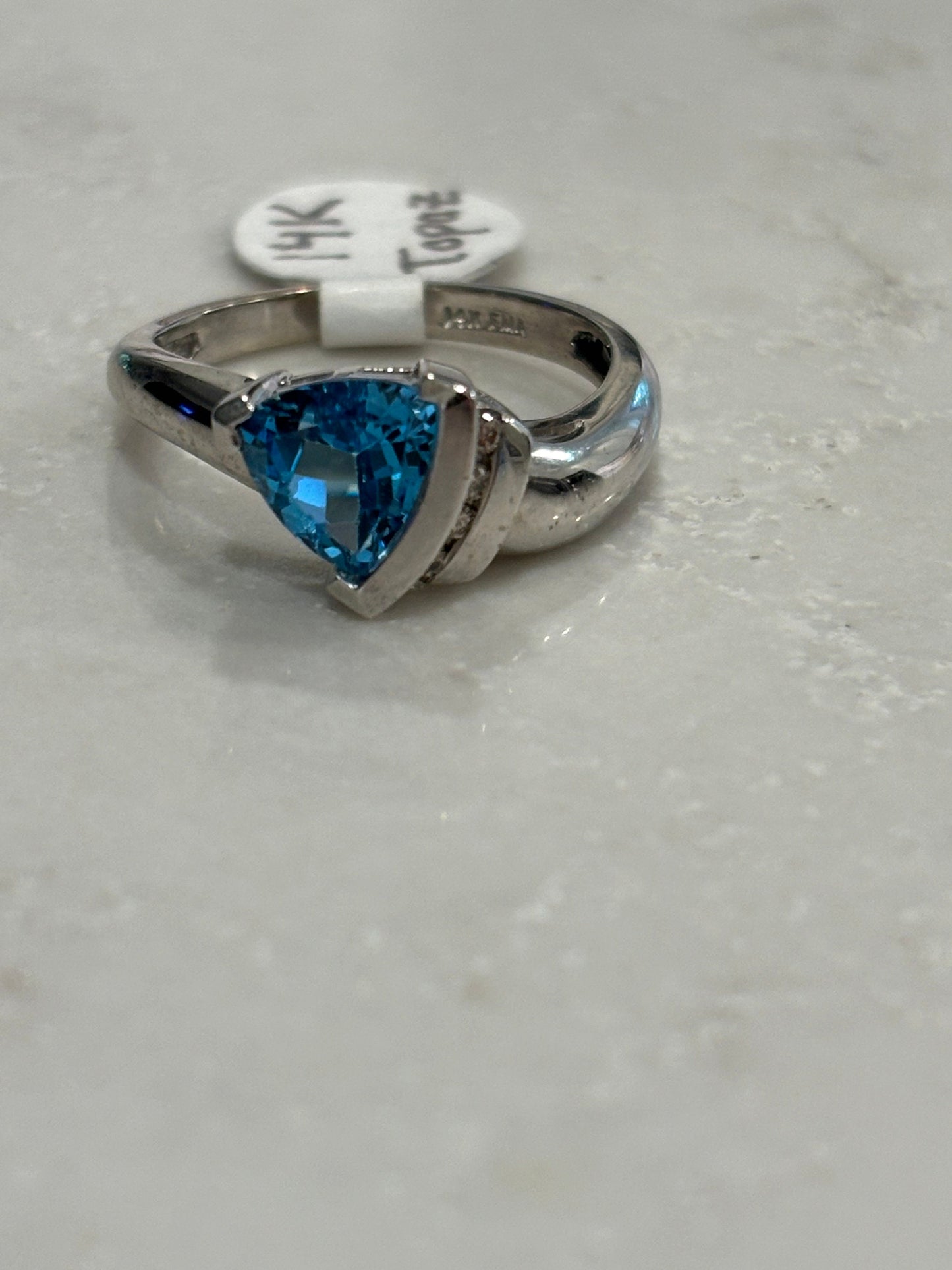 Vintage Blue Topaz Trillion Cut Diamond Accents Ring 14K White Gold