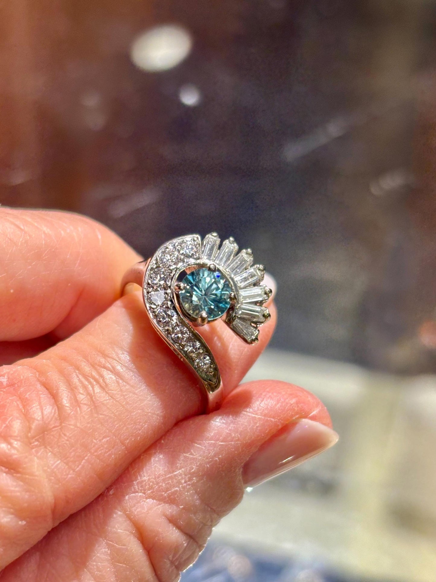 Vintage Blue Zircon & Diamond Swirl Ring | 14k White Gold | Mid Century Statement Ring