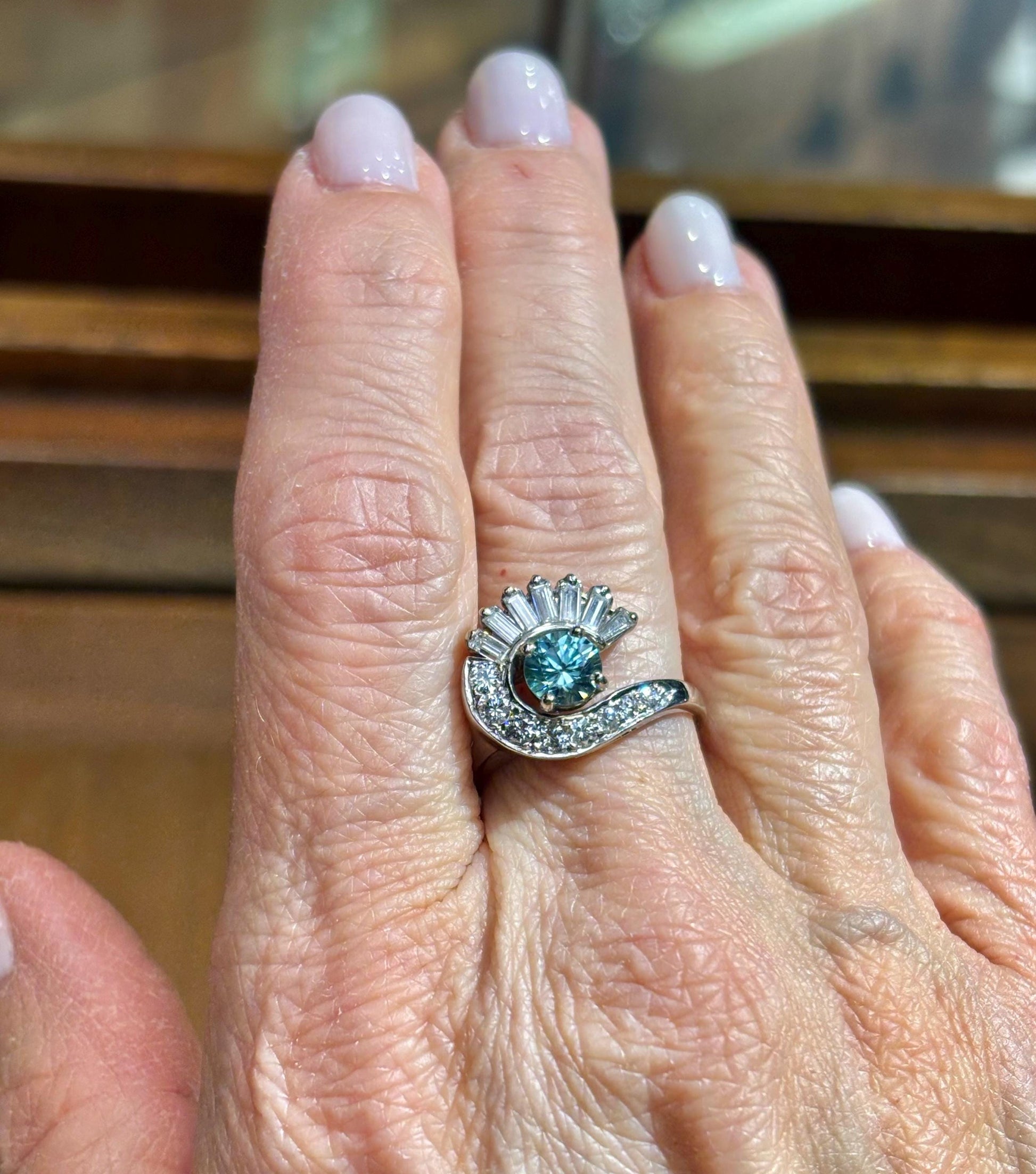 Vintage Blue Zircon & Diamond Swirl Ring | 14k White Gold | Mid Century Statement Ring