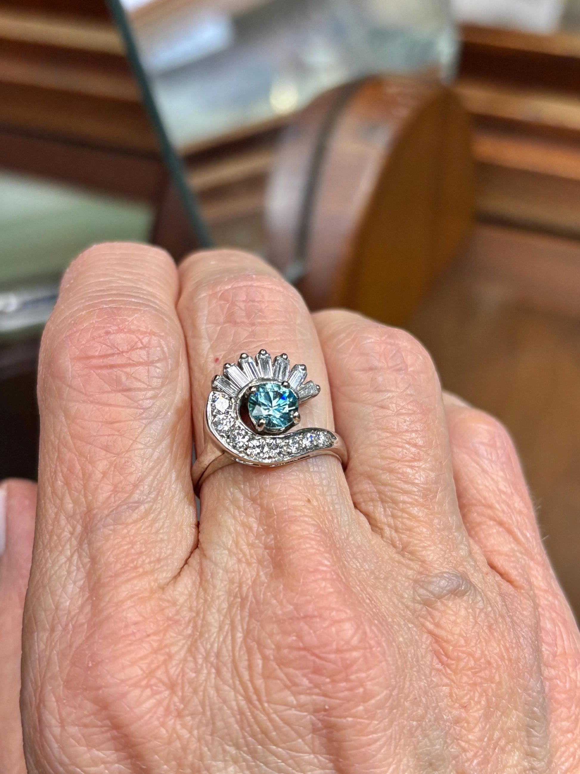 Vintage Blue Zircon & Diamond Swirl Ring | 14k White Gold | Mid Century Statement Ring