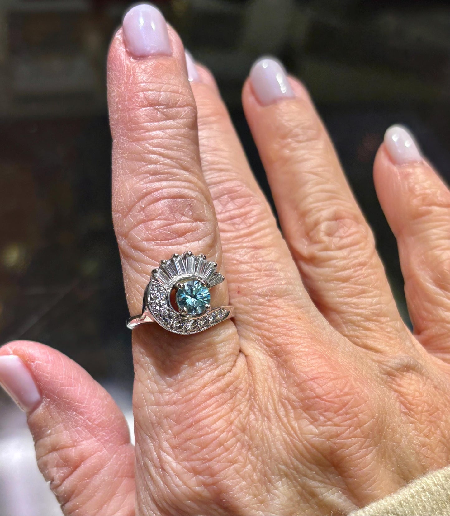 Vintage Blue Zircon & Diamond Swirl Ring | 14k White Gold | Mid Century Statement Ring