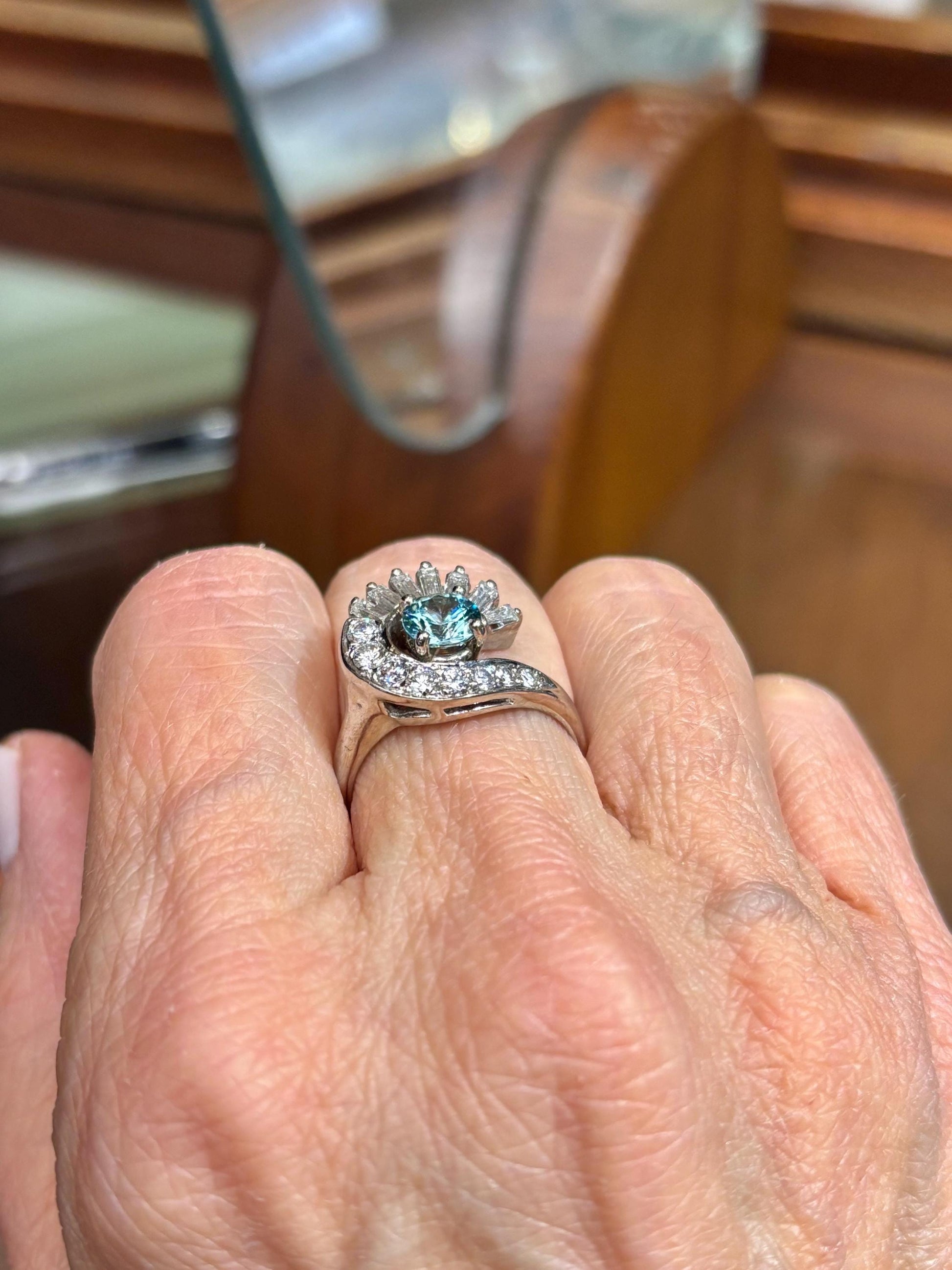Vintage Blue Zircon & Diamond Swirl Ring | 14k White Gold | Mid Century Statement Ring