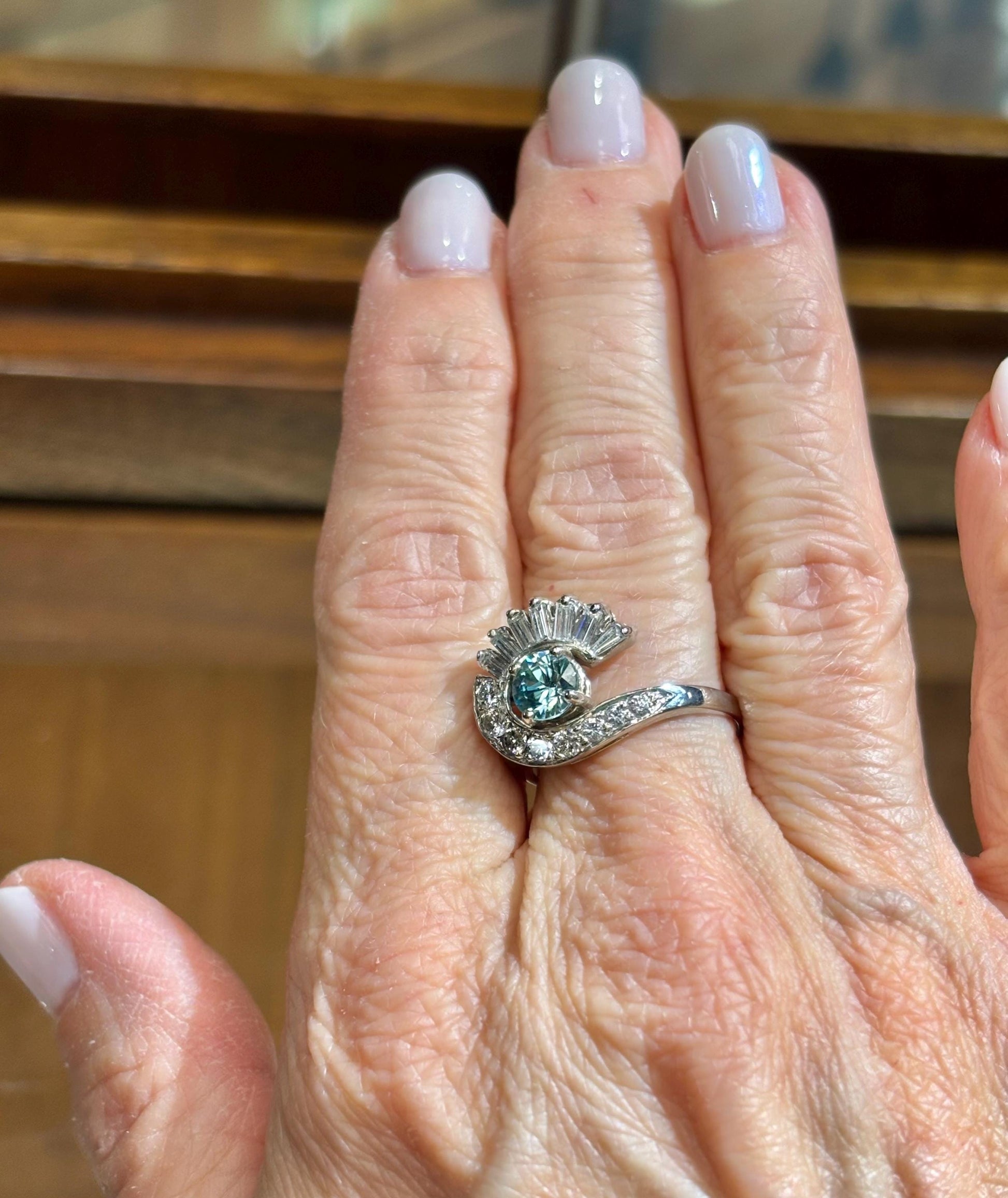 Vintage Blue Zircon & Diamond Swirl Ring | 14k White Gold | Mid Century Statement Ring