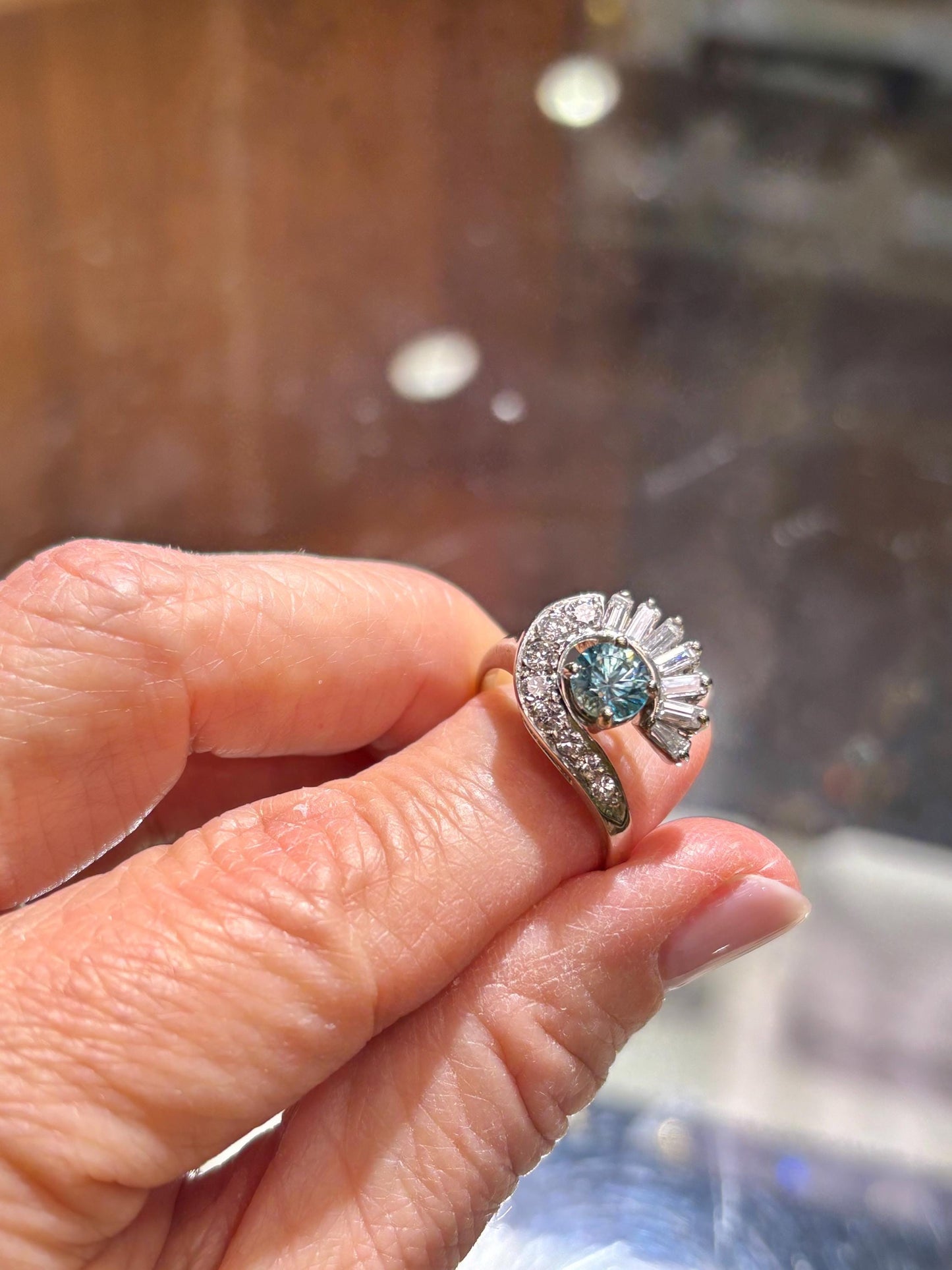 Vintage Blue Zircon & Diamond Swirl Ring | 14k White Gold | Mid Century Statement Ring
