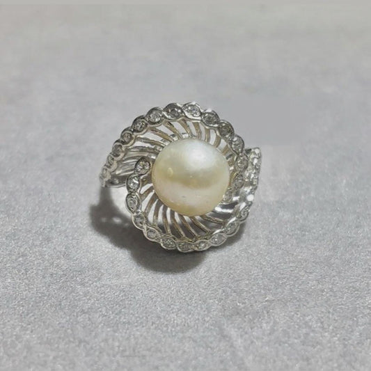 Vintage Pearl and Diamond Swirl Ballerina Ring 14K