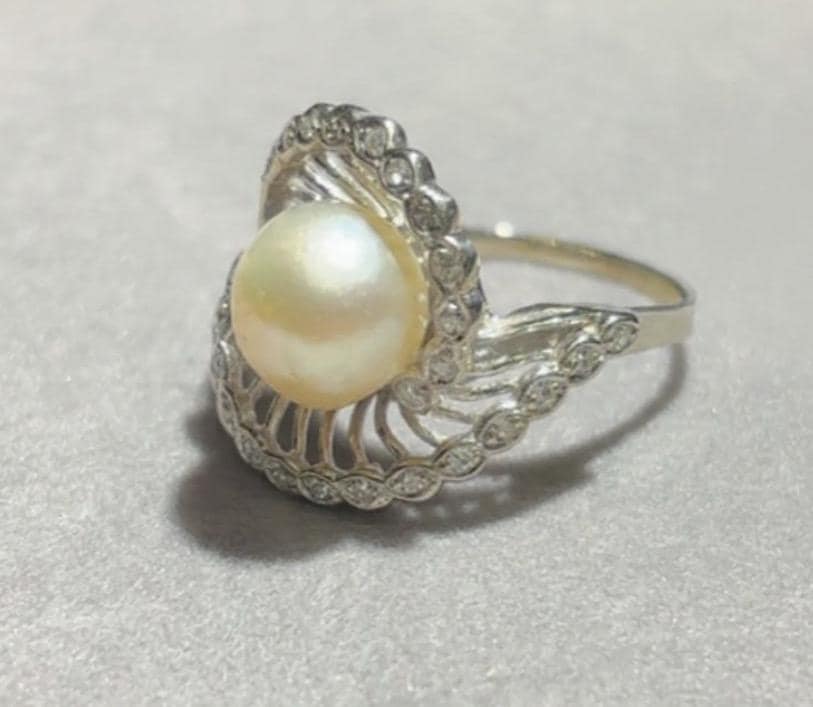 Vintage Pearl and Diamond Swirl Ballerina Ring 14K