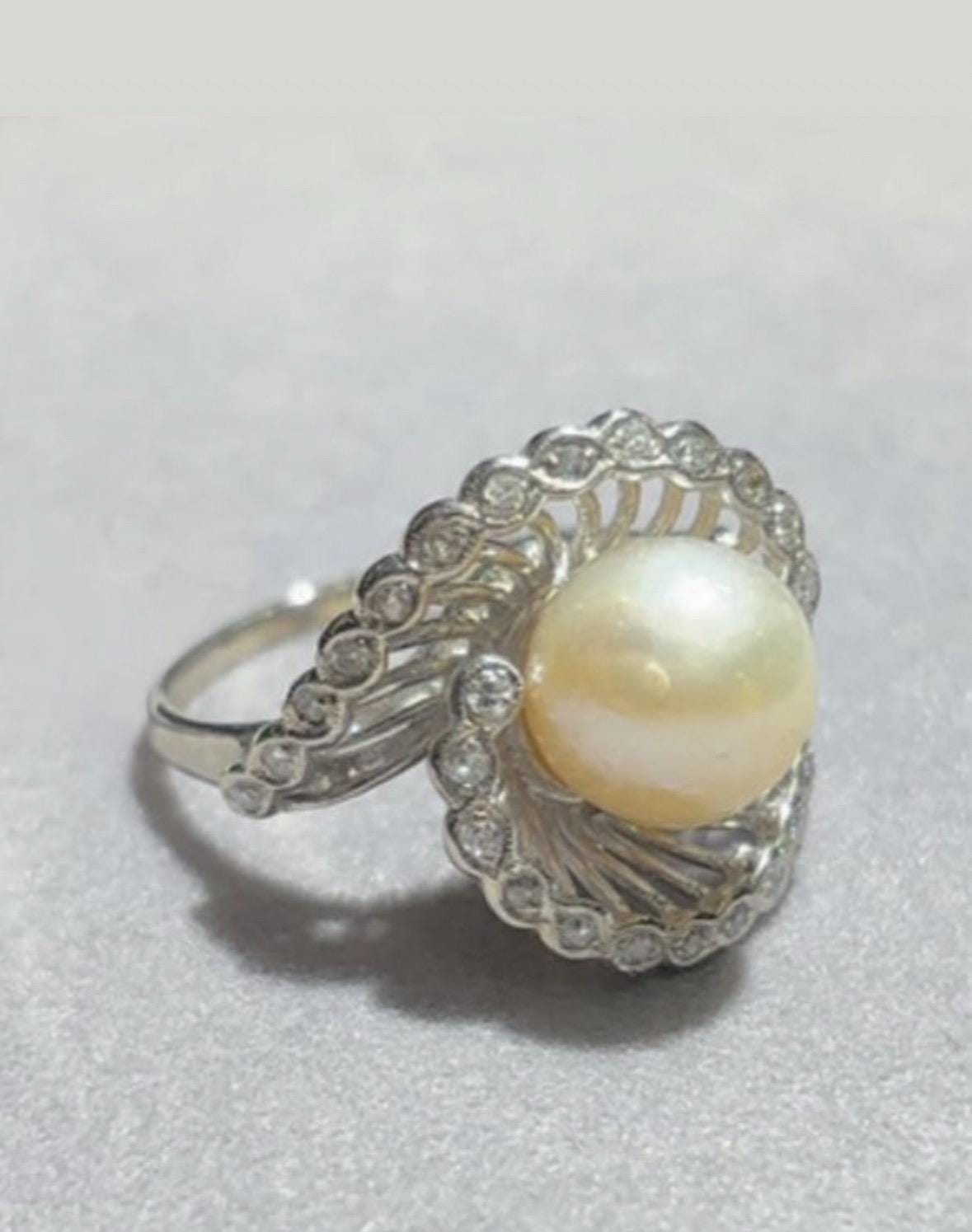 Vintage Pearl and Diamond Swirl Ballerina Ring 14K