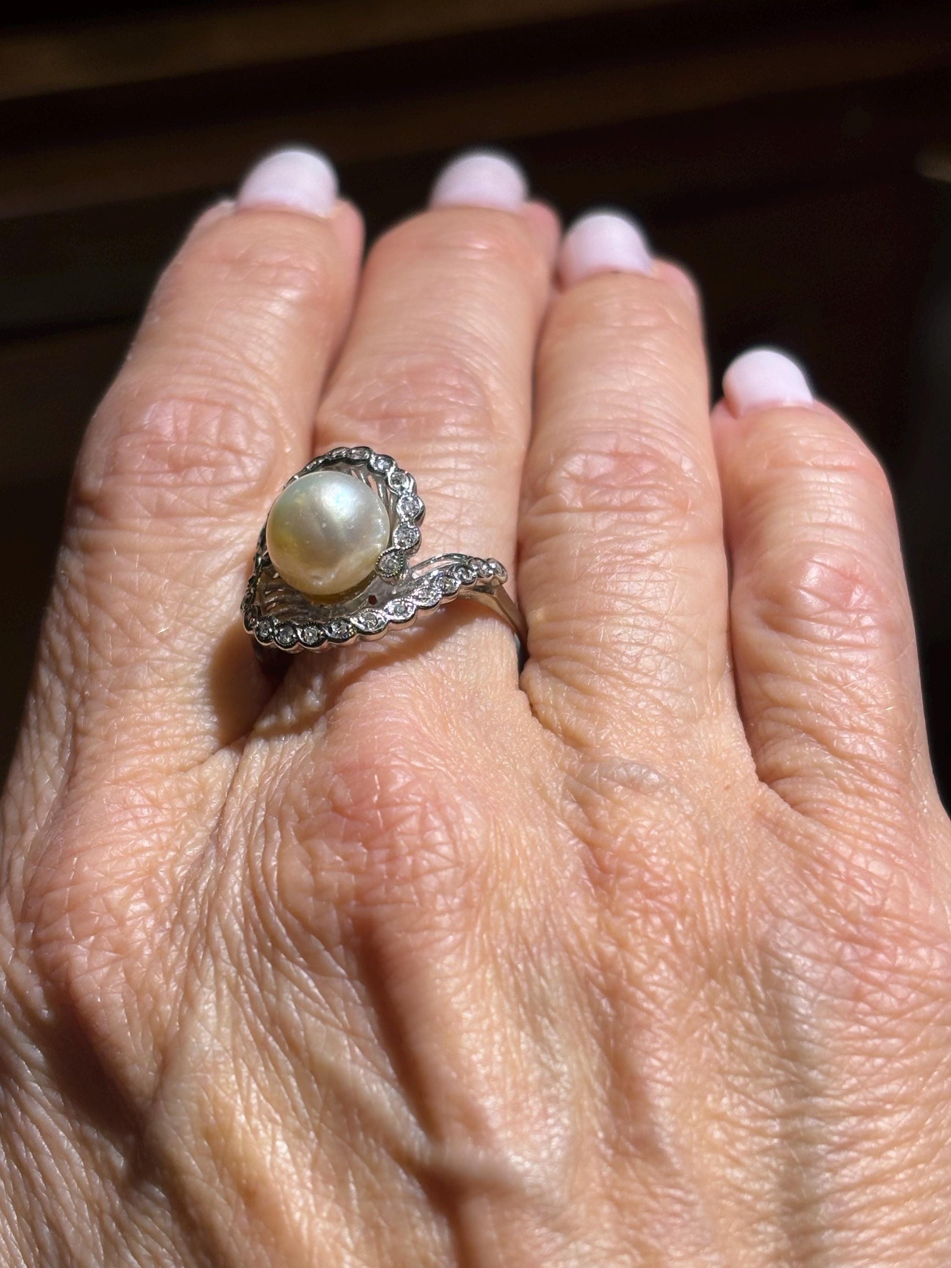 Vintage Pearl and Diamond Swirl Ballerina Ring 14K