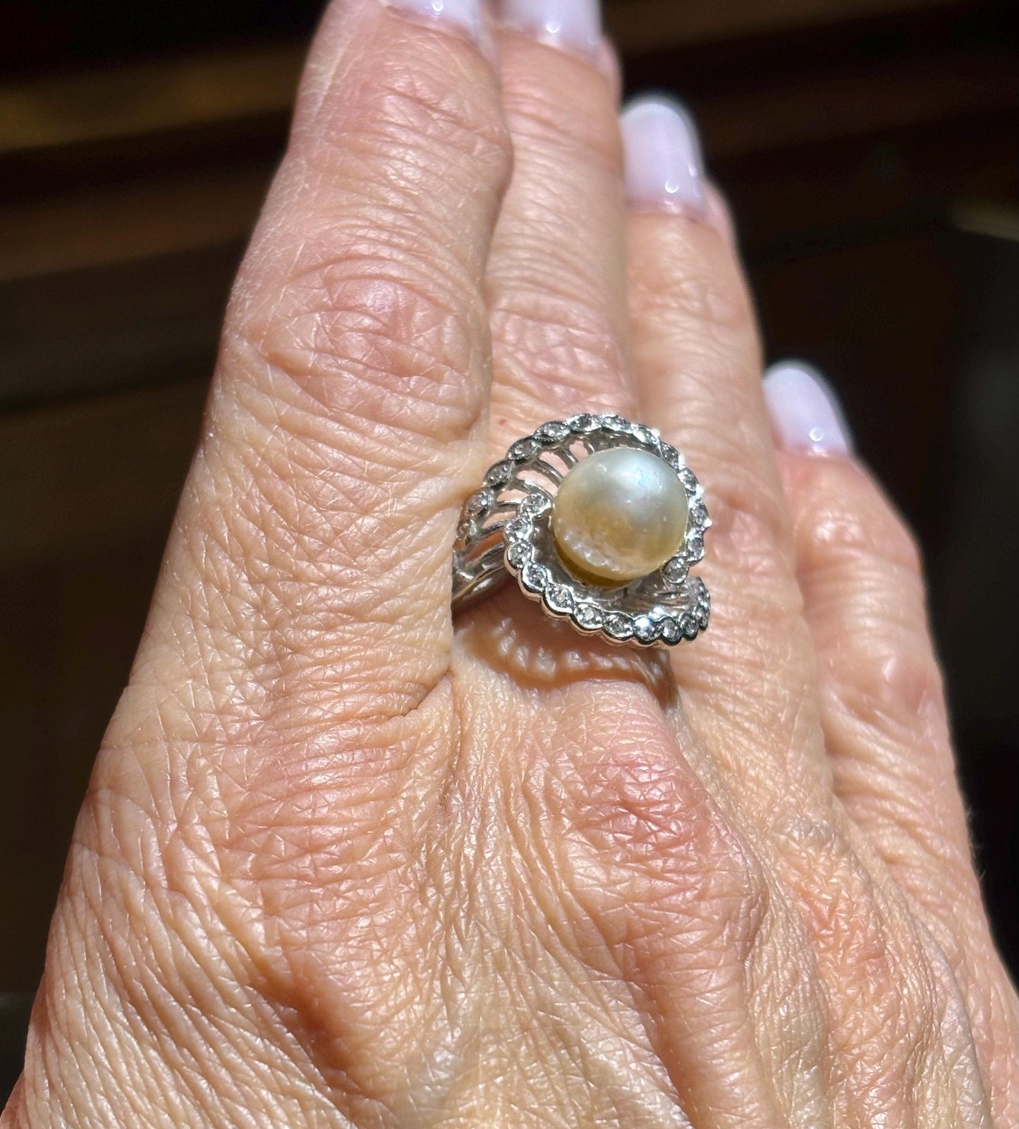Vintage Pearl and Diamond Swirl Ballerina Ring 14K