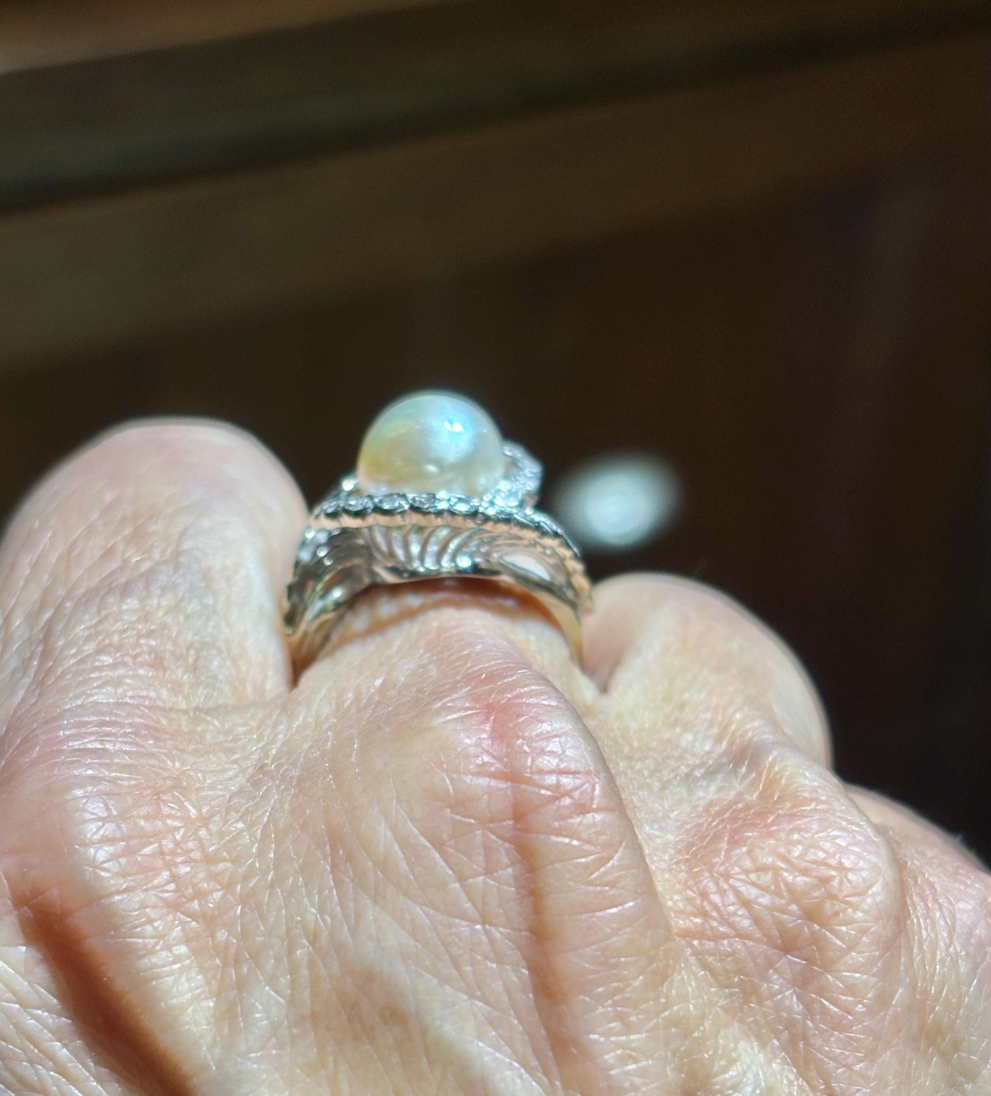 Vintage Pearl and Diamond Swirl Ballerina Ring 14K