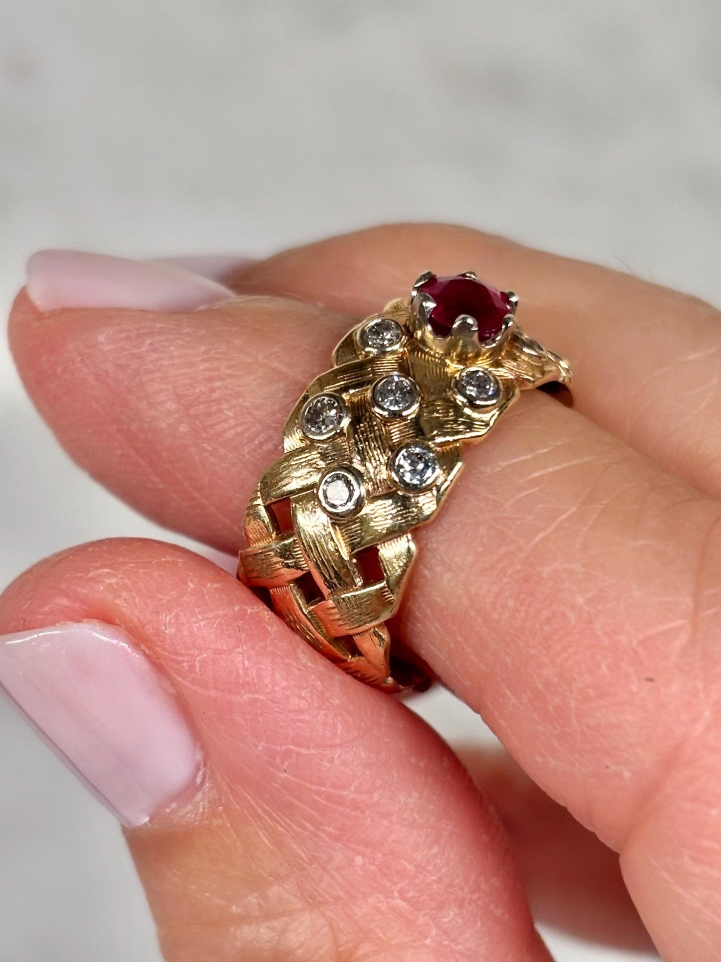 Vintage Ruby Diamond Accents Basket Weave Eternity Band 14K