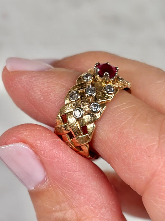 Vintage Ruby Diamond Accents Basket Weave Eternity Band 14K