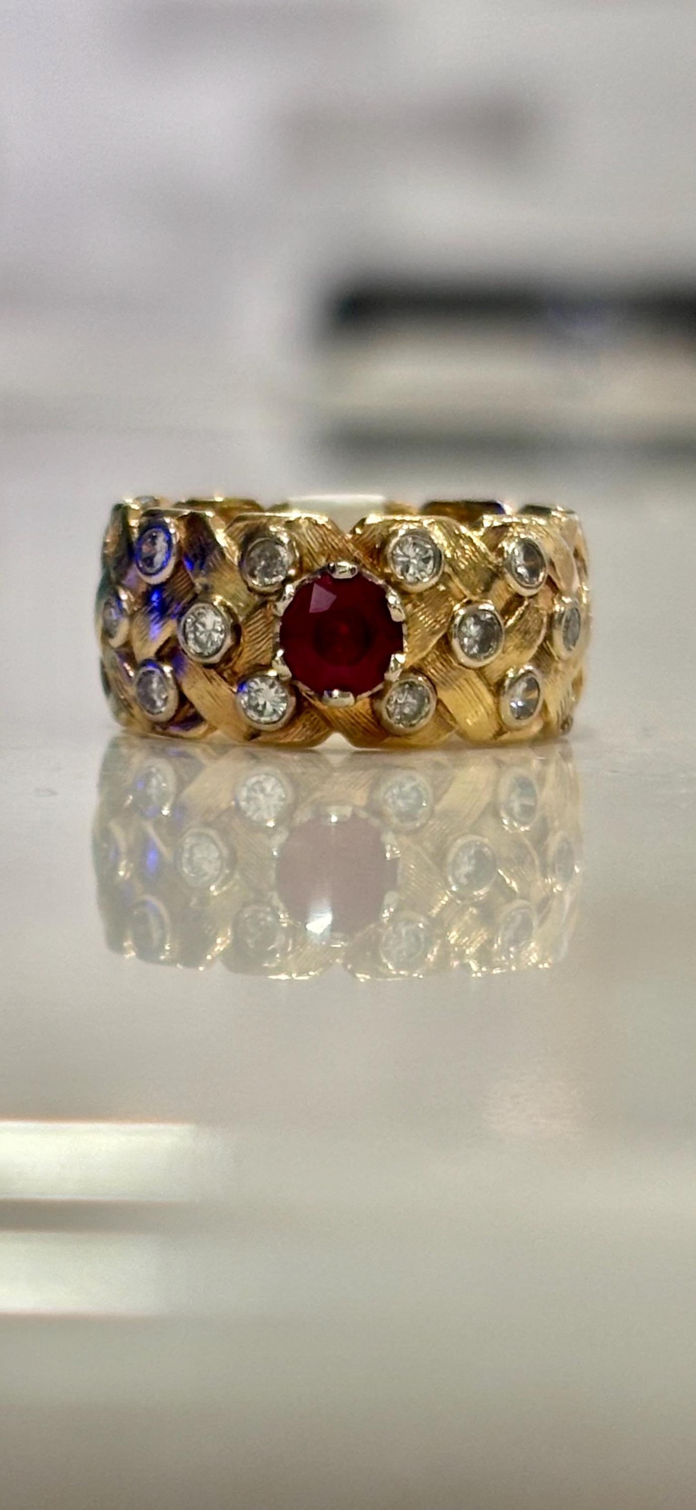 Vintage Ruby Diamond Accents Basket Weave Eternity Band 14K