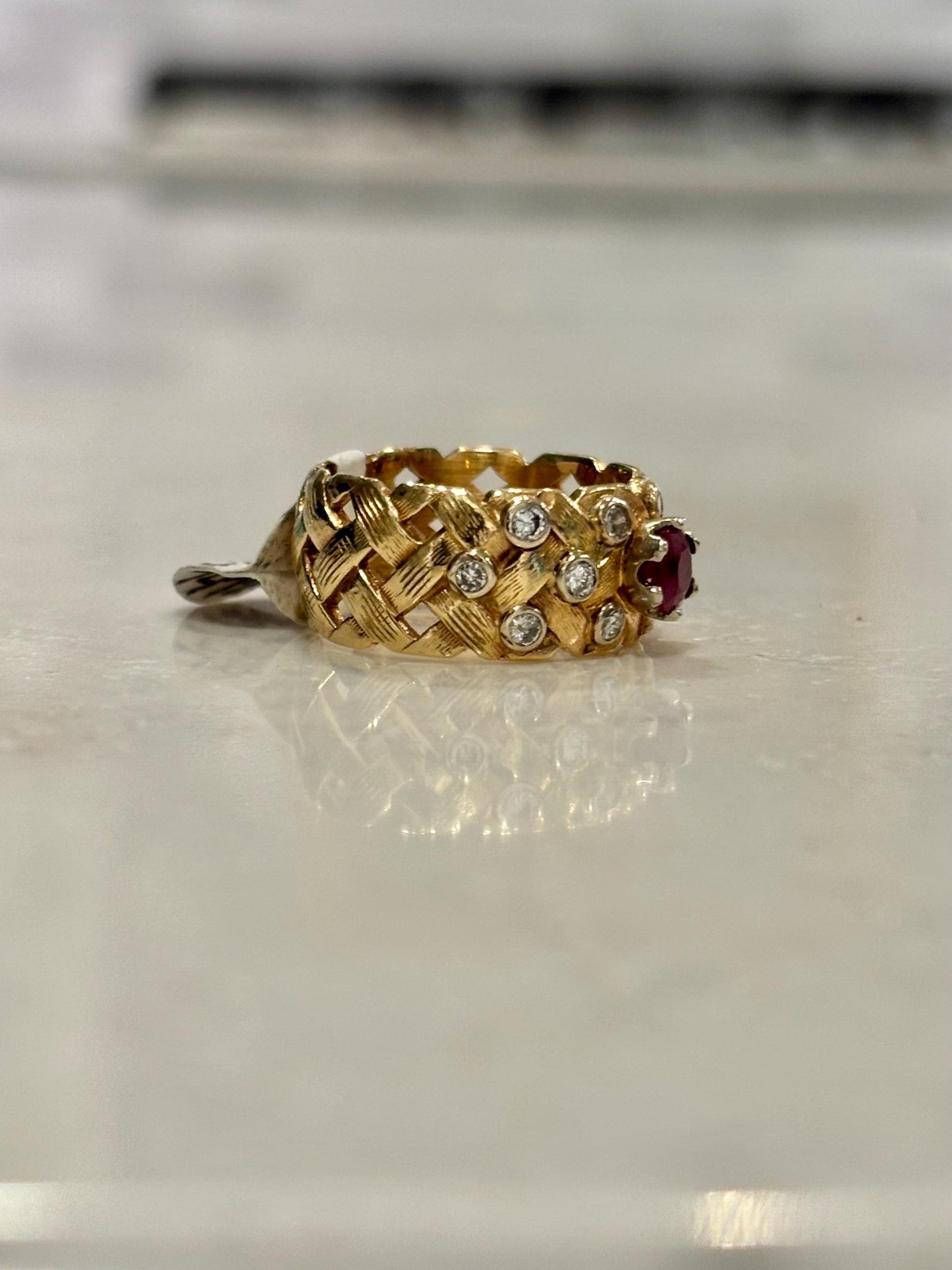 Vintage Ruby Diamond Accents Basket Weave Eternity Band 14K