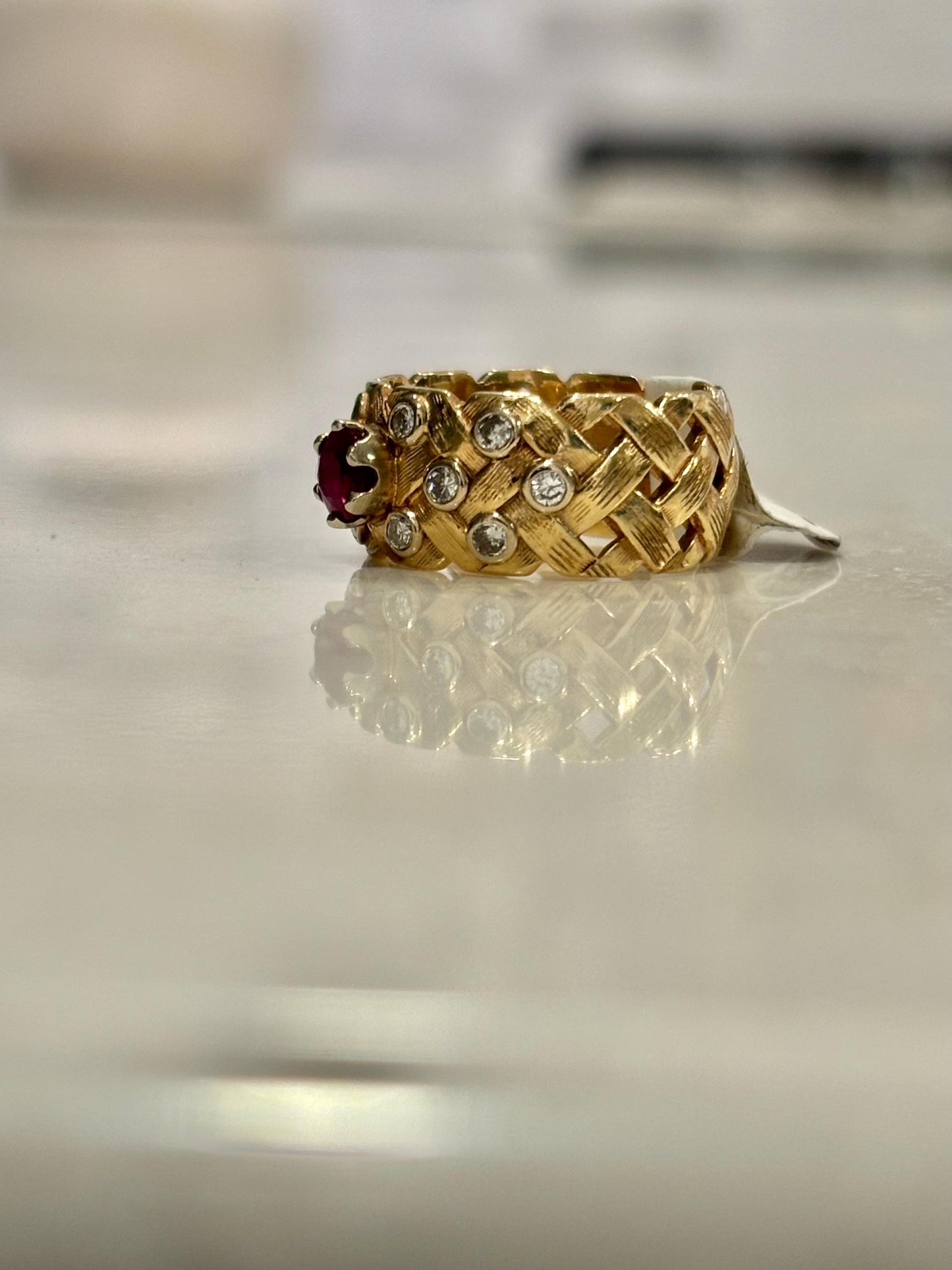 Vintage Ruby Diamond Accents Basket Weave Eternity Band 14K