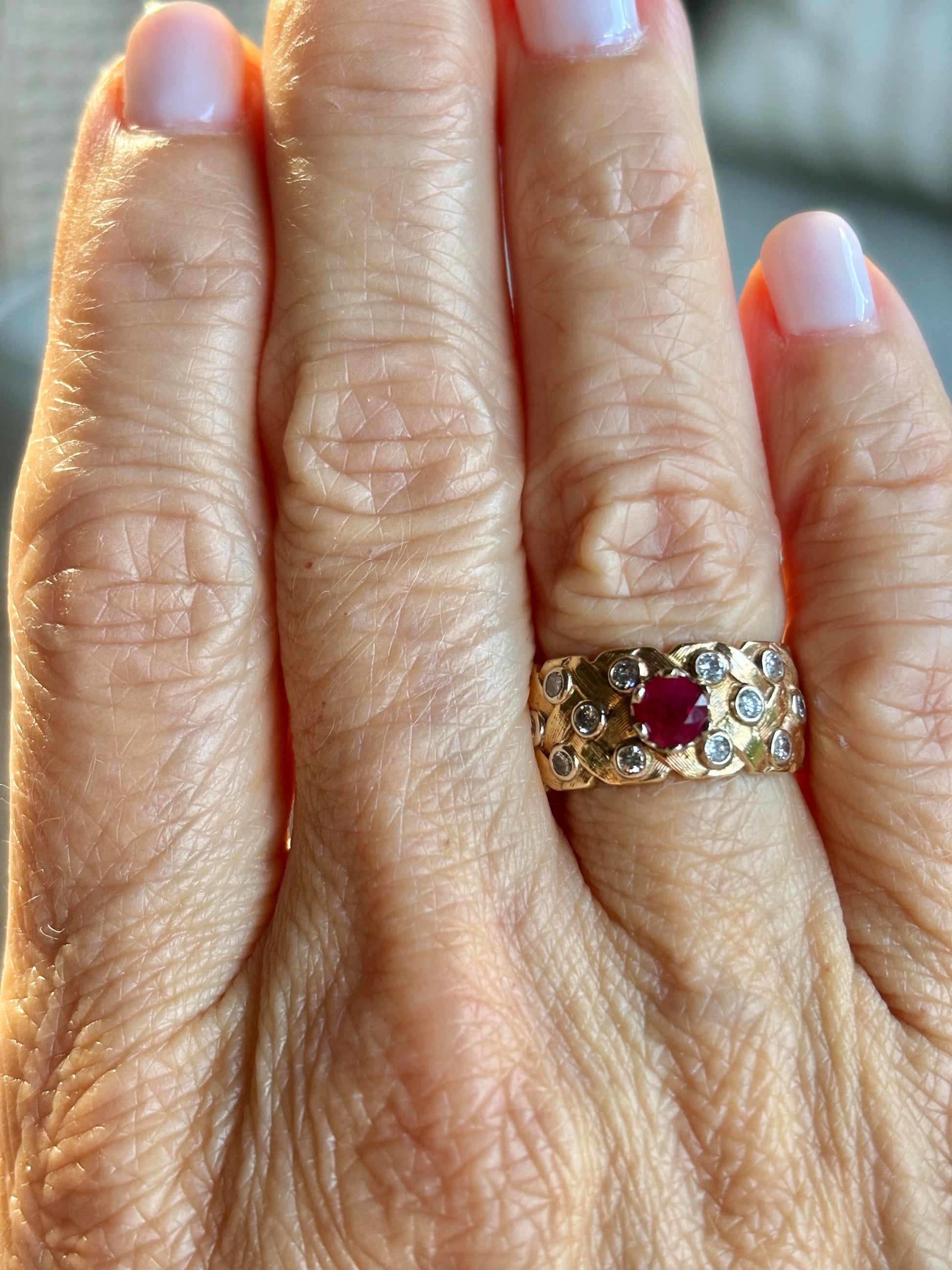 Vintage Ruby Diamond Accents Basket Weave Eternity Band 14K