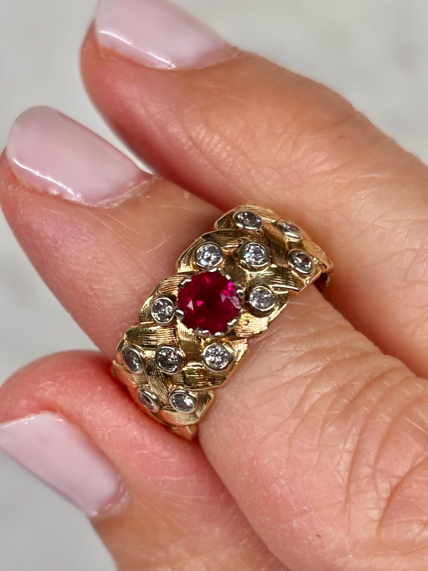 Vintage Ruby Diamond Accents Basket Weave Eternity Band 14K