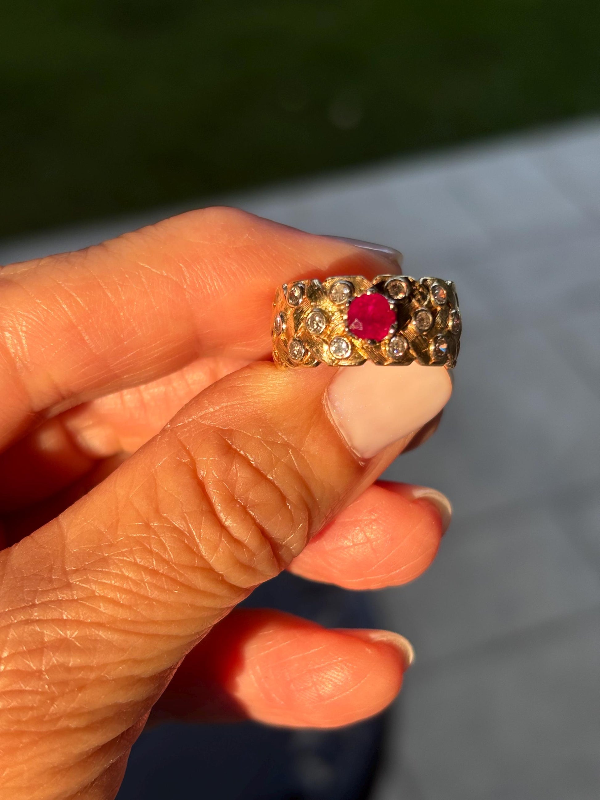 Vintage Ruby Diamond Accents Basket Weave Eternity Band 14K