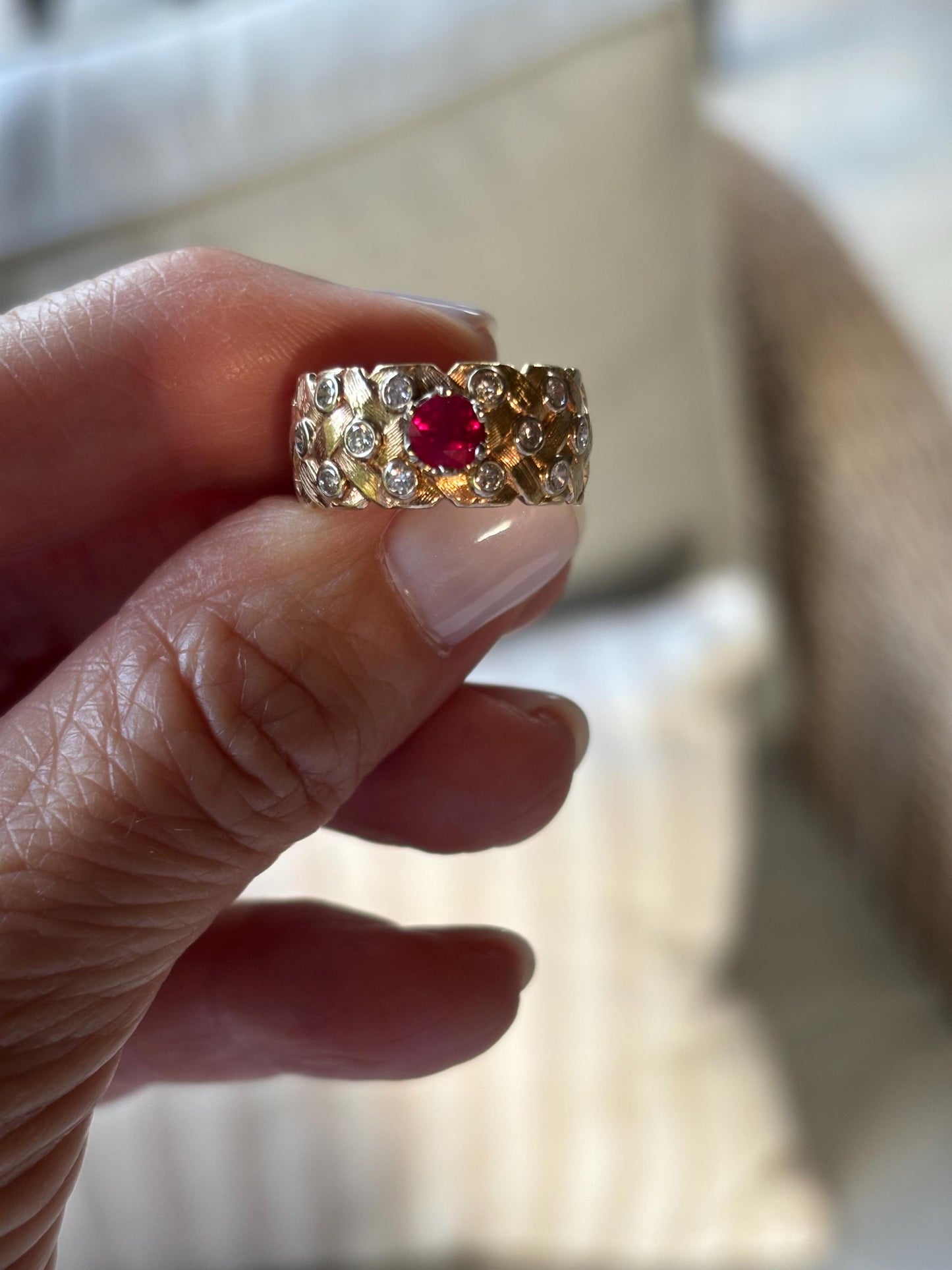 Vintage Ruby Diamond Accents Basket Weave Eternity Band 14K