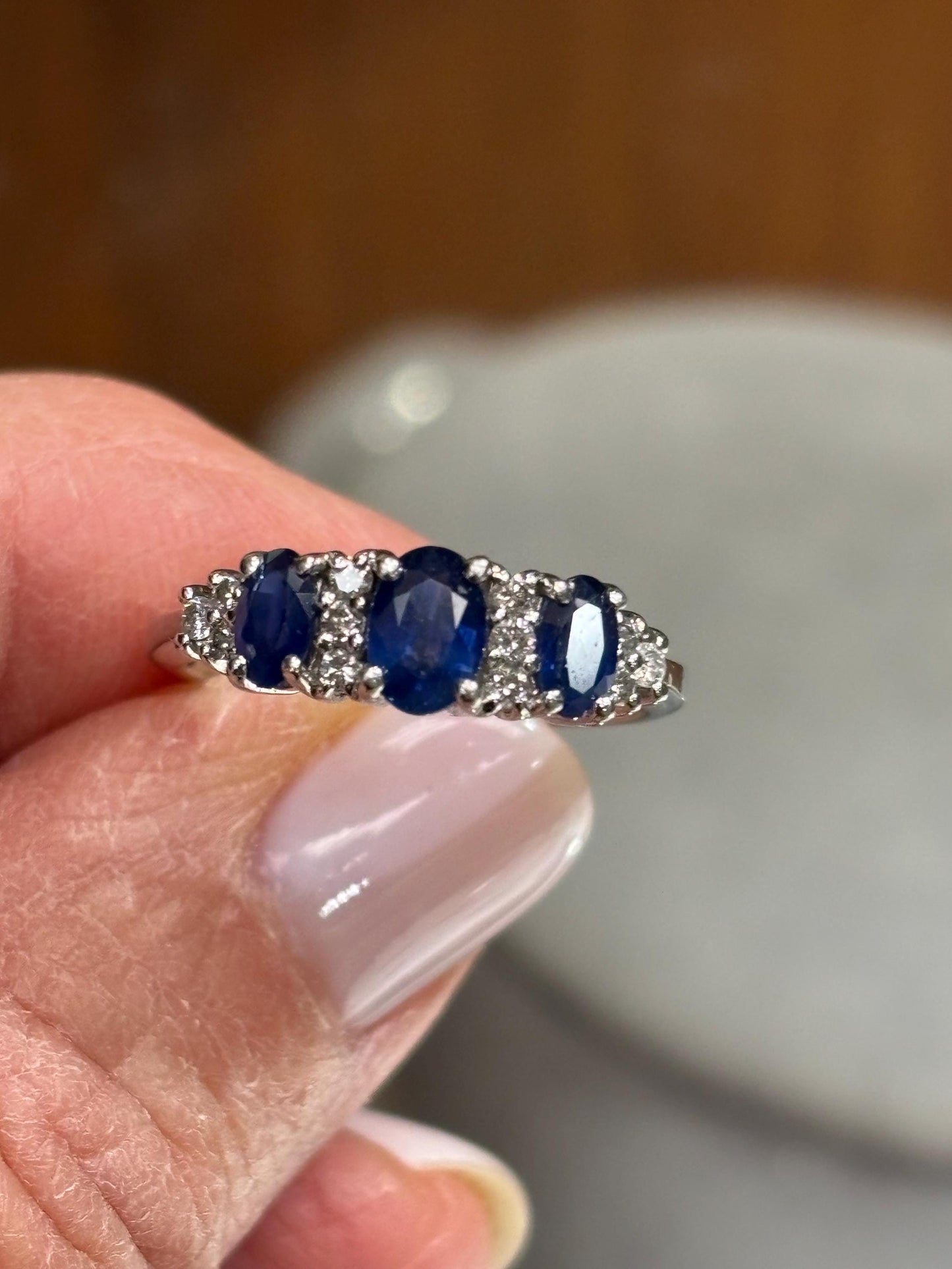 Vintage Sapphire & Diamond Band Ring in 14k White Gold