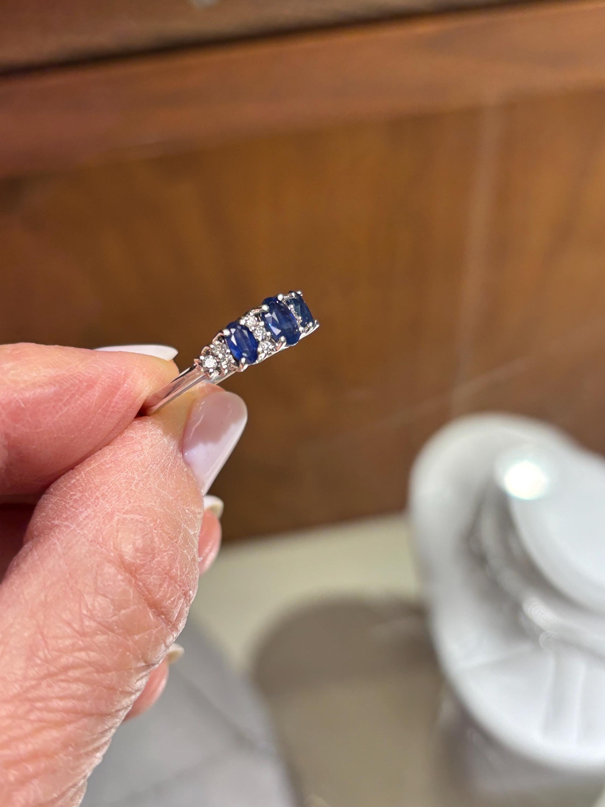 Vintage Sapphire & Diamond Band Ring in 14k White Gold