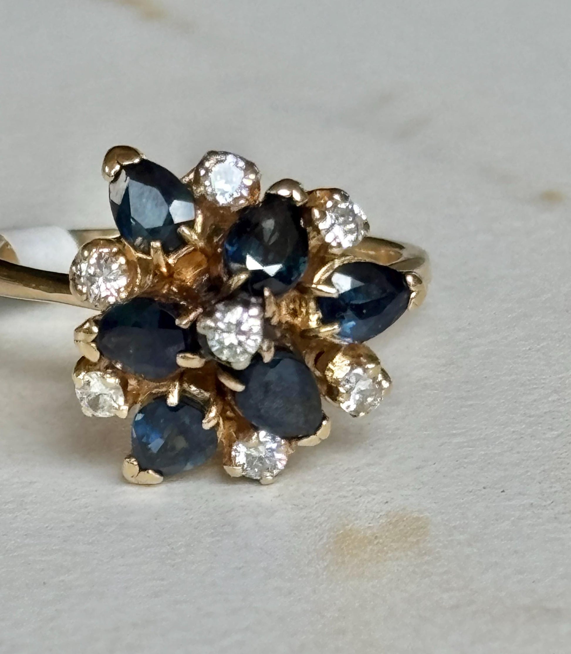 Vintage Sapphire Diamond Cluster Ring 14K