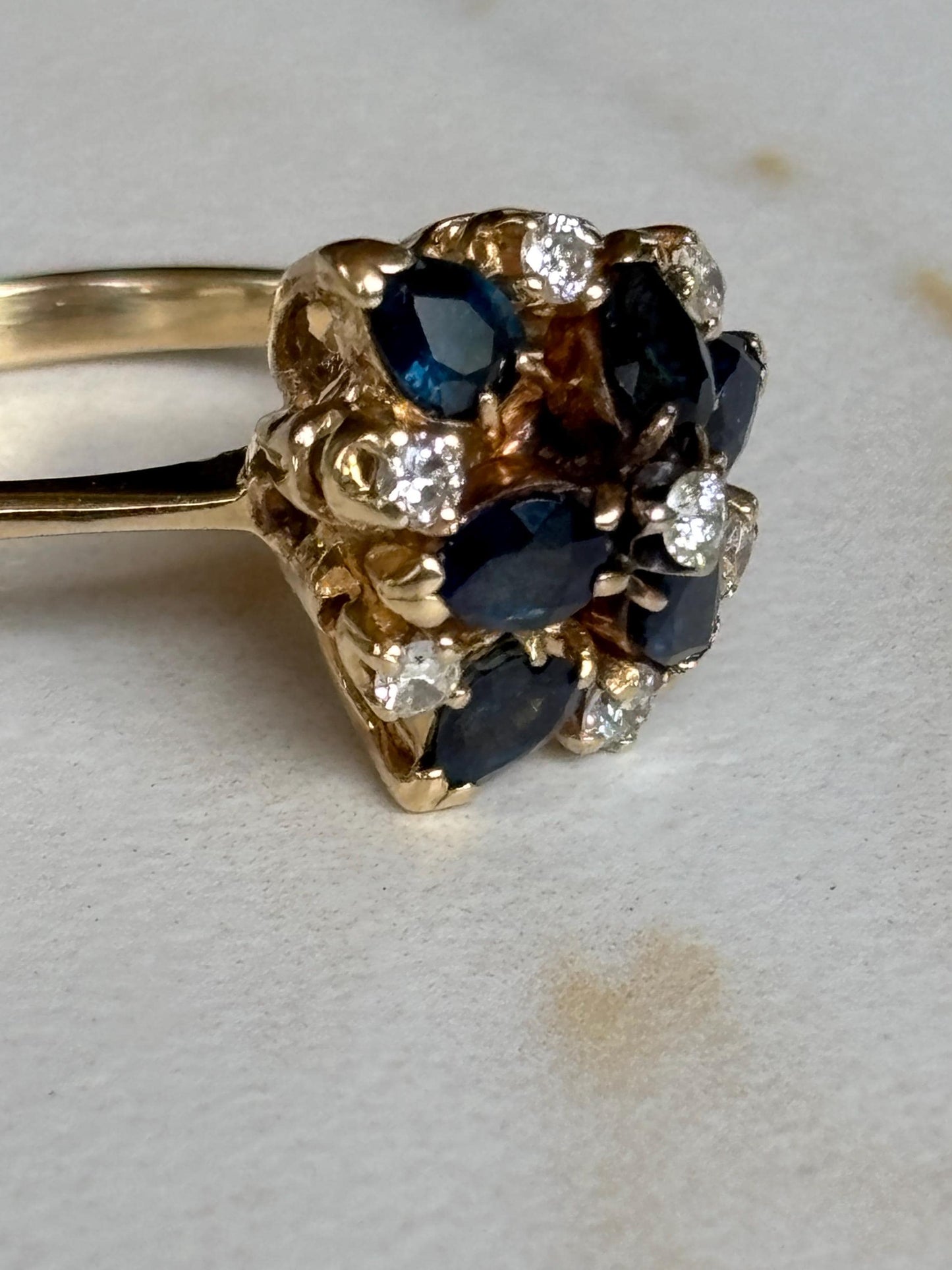 Vintage Sapphire Diamond Cluster Ring 14K