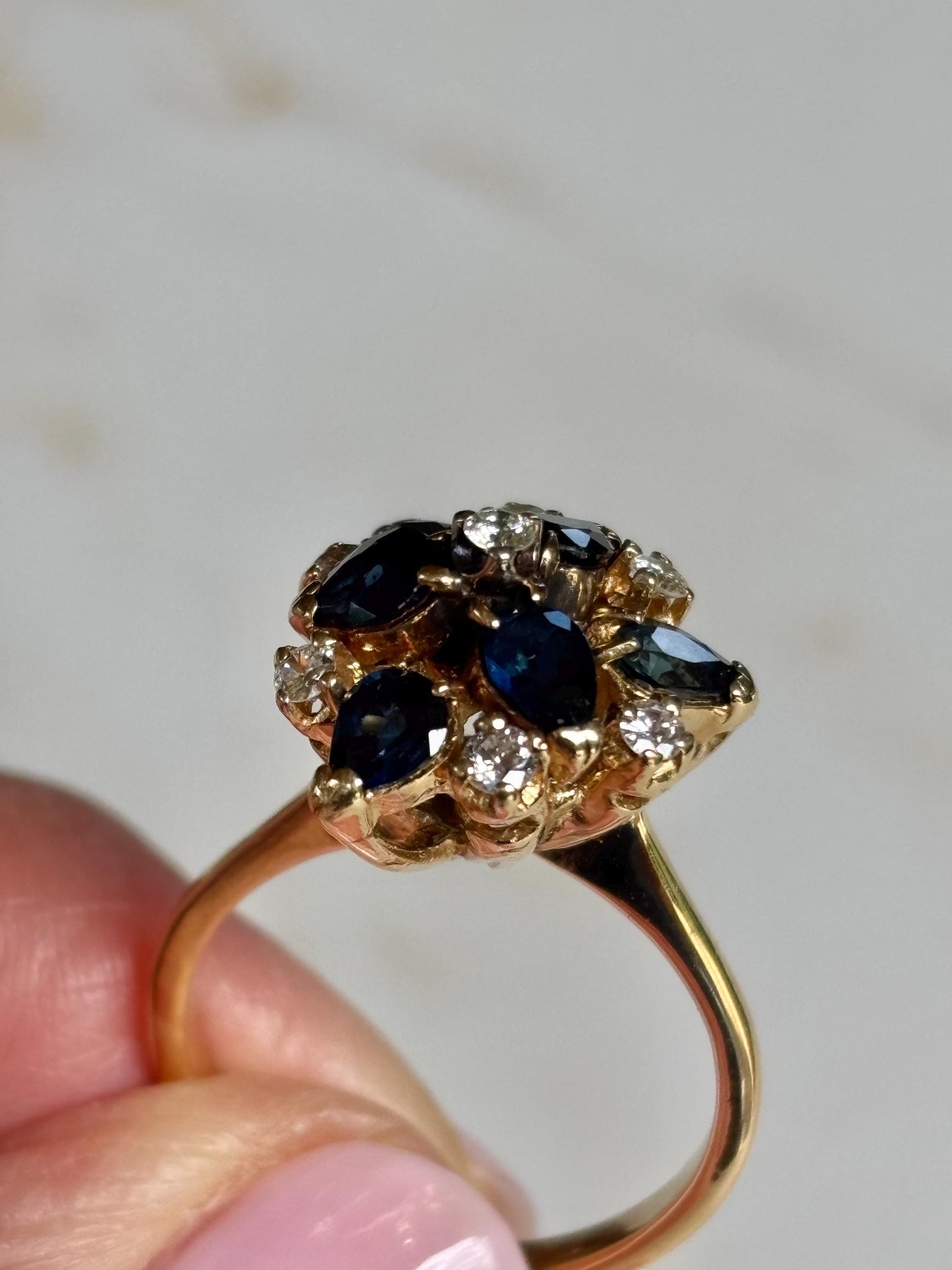 Vintage Sapphire Diamond Cluster Ring 14K