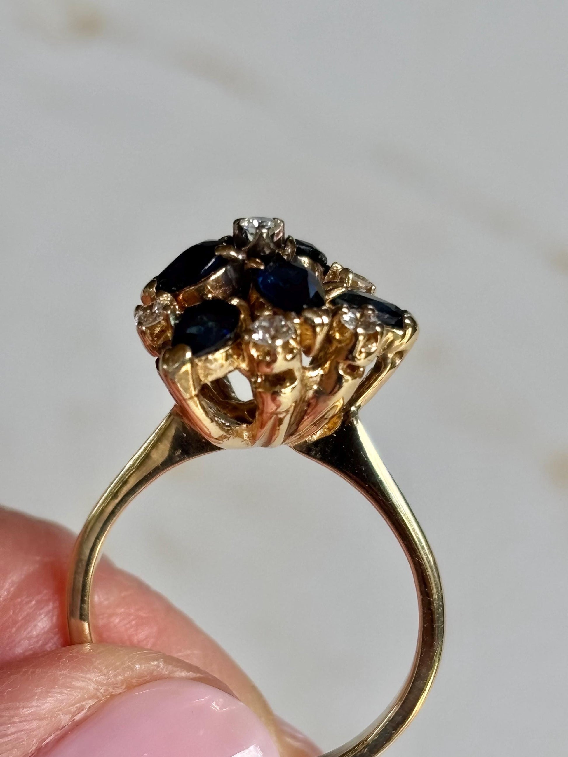 Vintage Sapphire Diamond Cluster Ring 14K