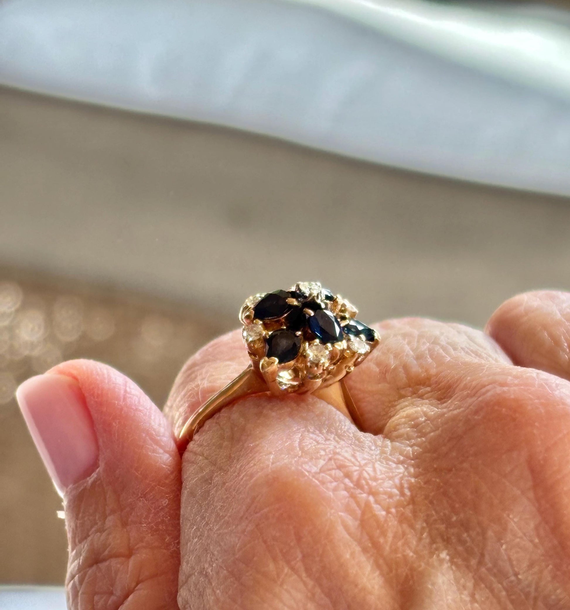 Vintage Sapphire Diamond Cluster Ring 14K