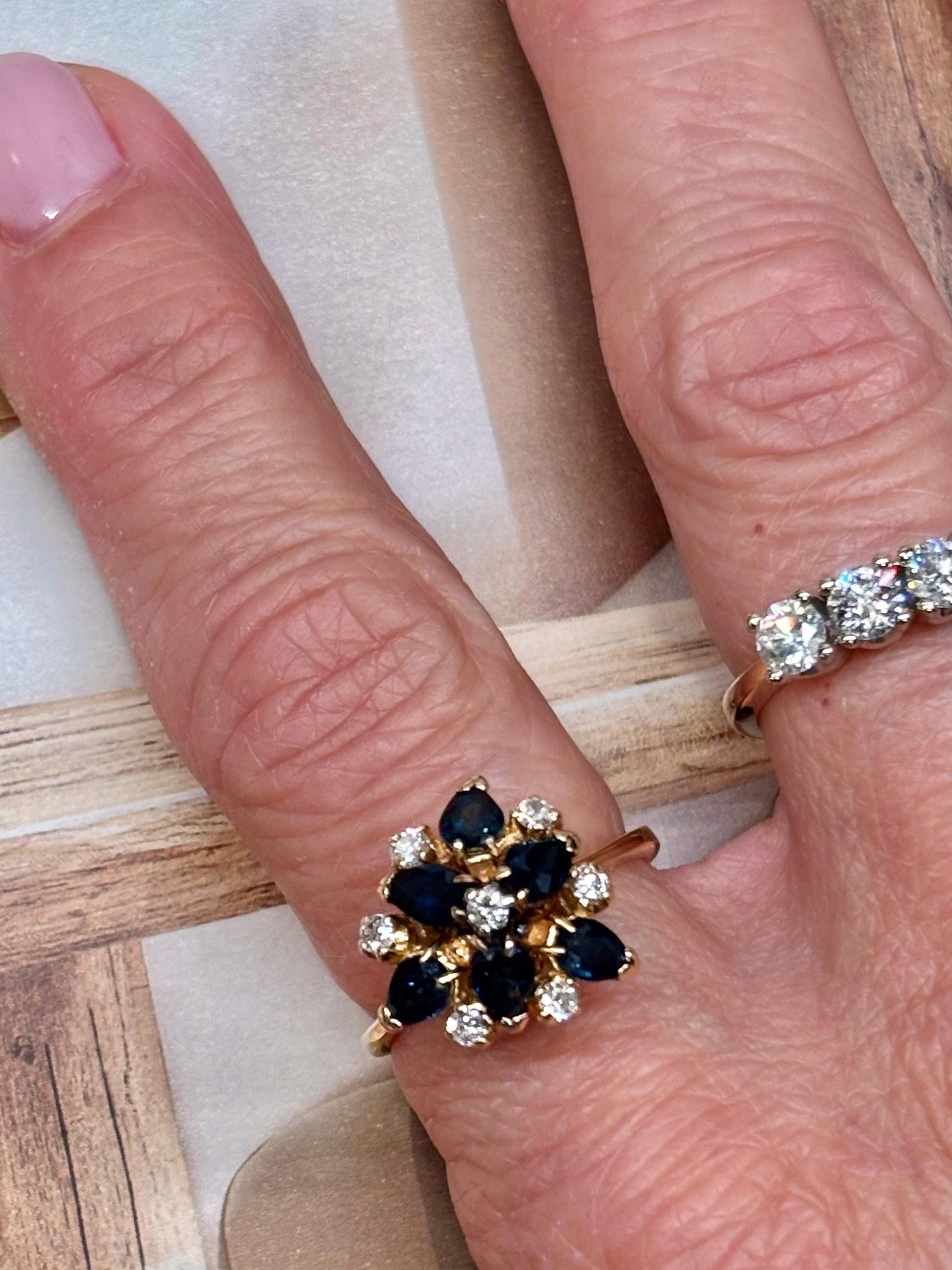 Vintage Sapphire Diamond Cluster Ring 14K