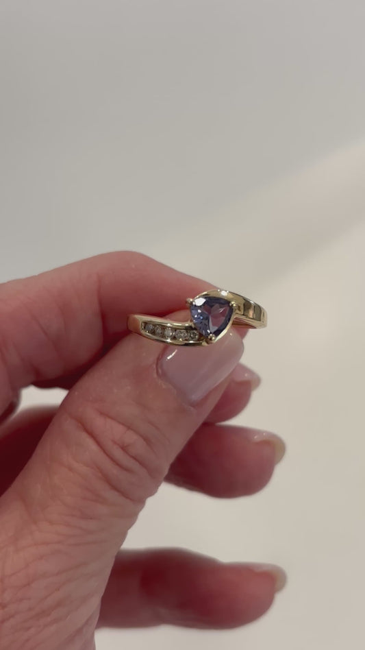 Vintage Iolite & Diamond Ring 10K Yellow Gold - Romantic Estate Gem